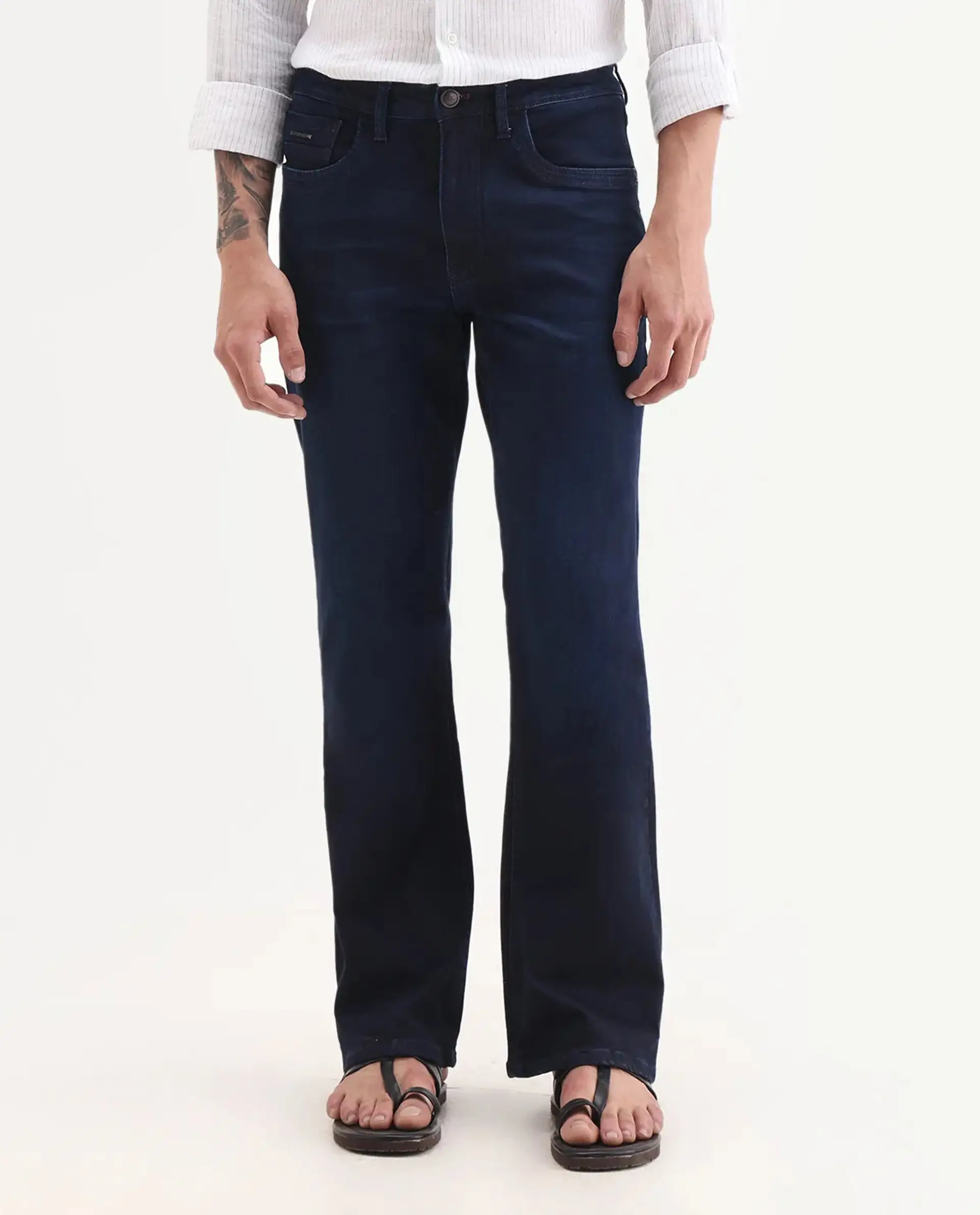 Rare Rabbit Men's Knoxo-Bl Dark Blue Cotton Blend Fabric Button Closure Bootcut Plain Jeans - Image 9