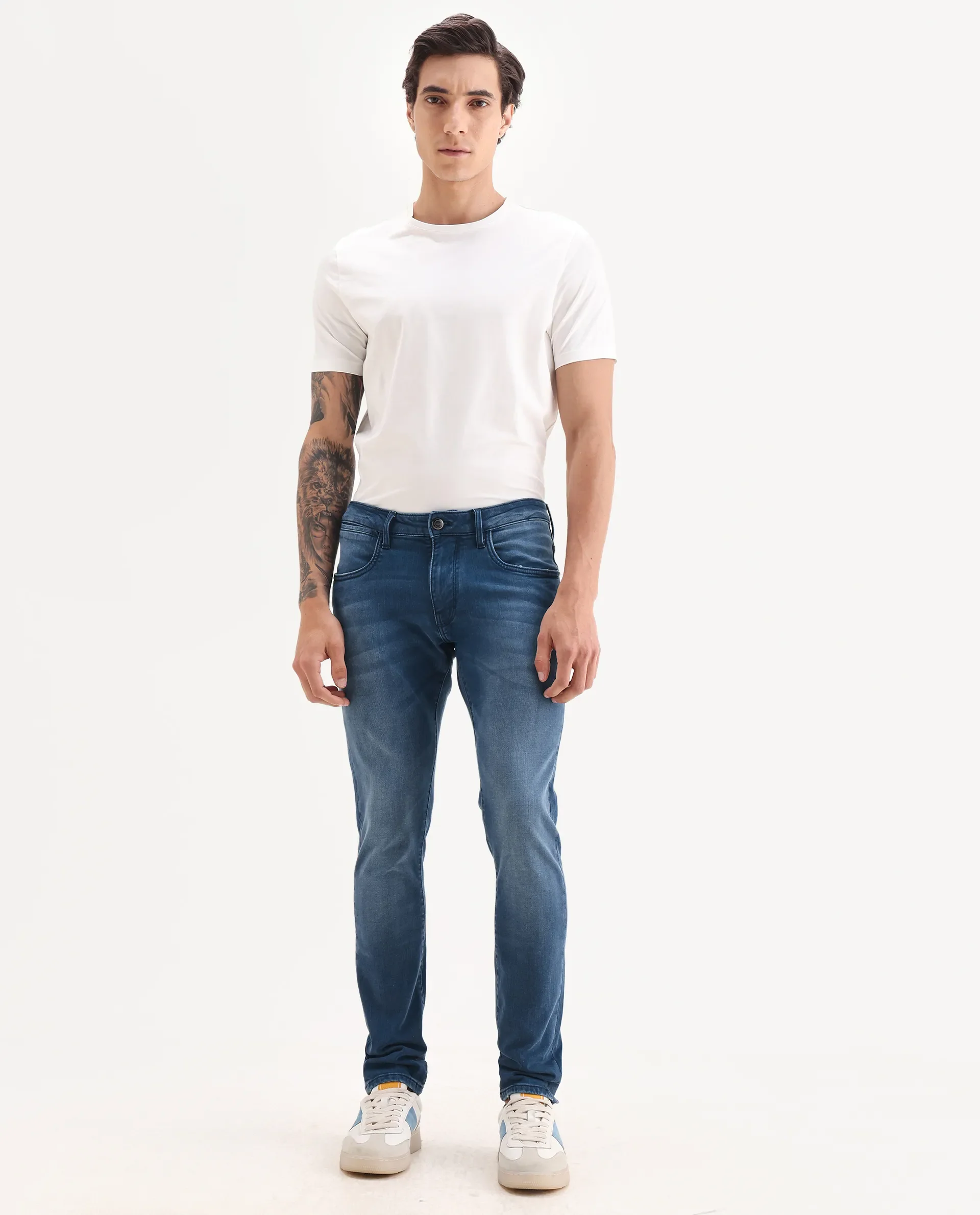 Rare Rabbit Men's Knoxo Blue Cotton Blend Fabric Hawk Slim Fit Plain Jeans - Image 4