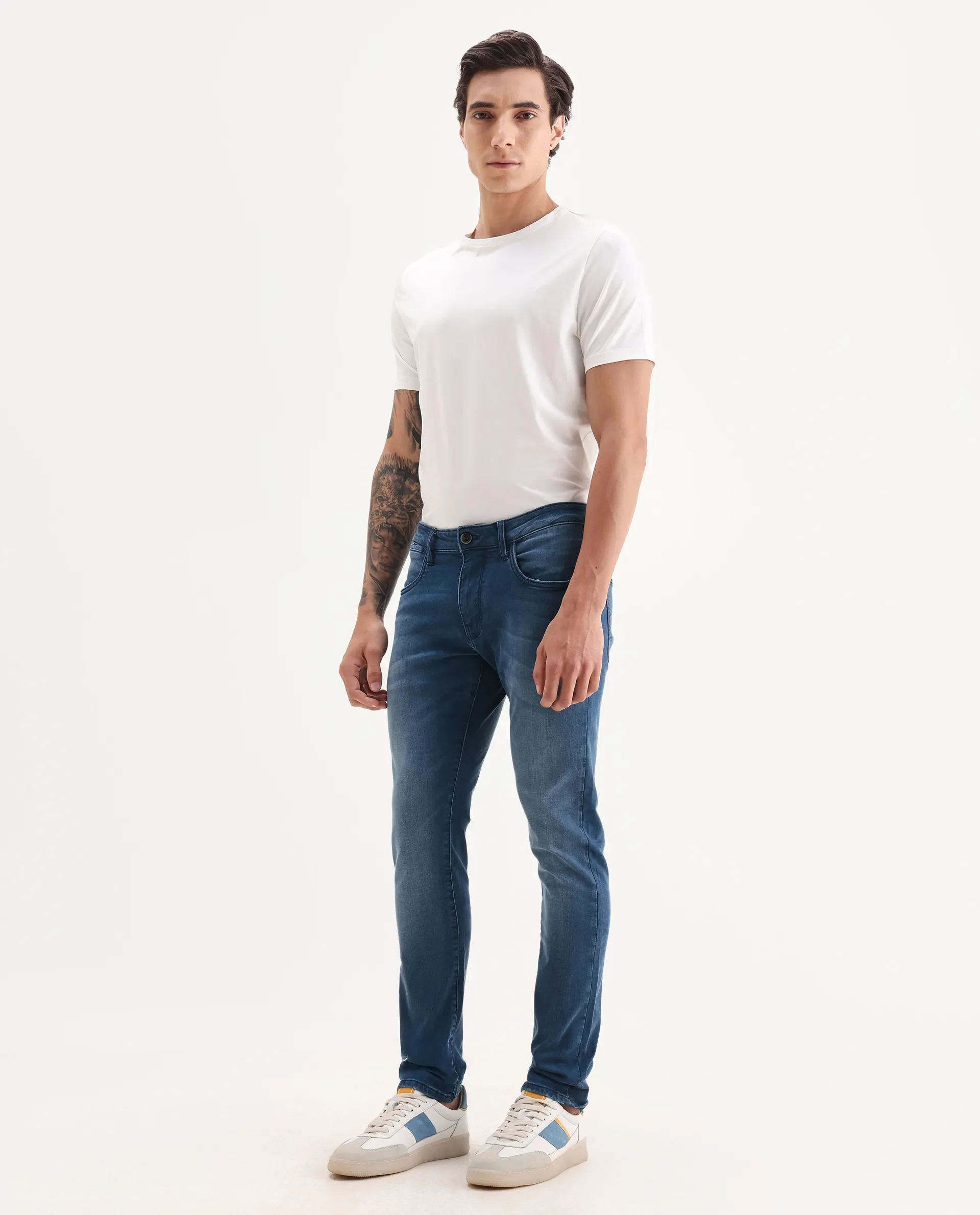Rare Rabbit Men's Knoxo Blue Cotton Blend Fabric Hawk Slim Fit Plain Jeans - Image 5