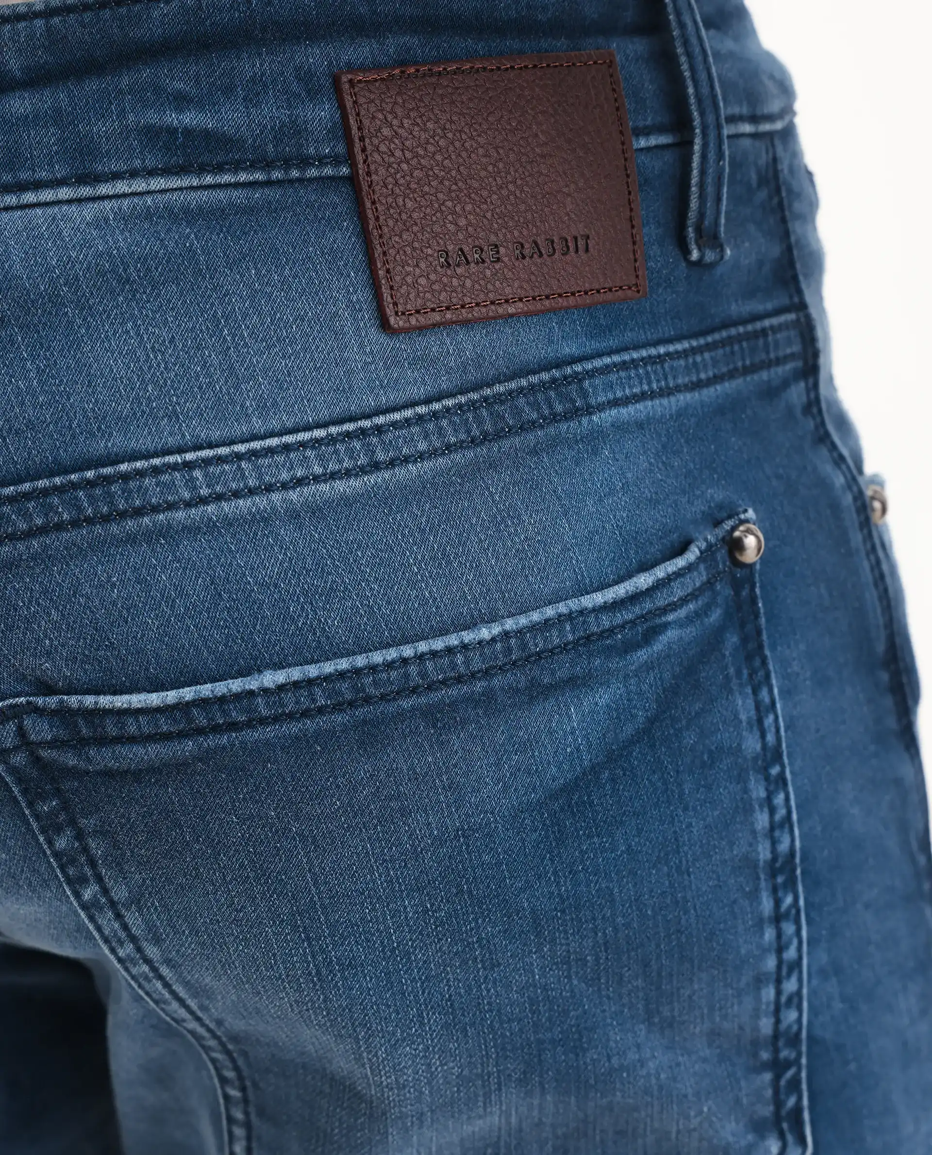 Rare Rabbit Men's Knoxo Blue Cotton Blend Fabric Hawk Slim Fit Plain Jeans - Image 7