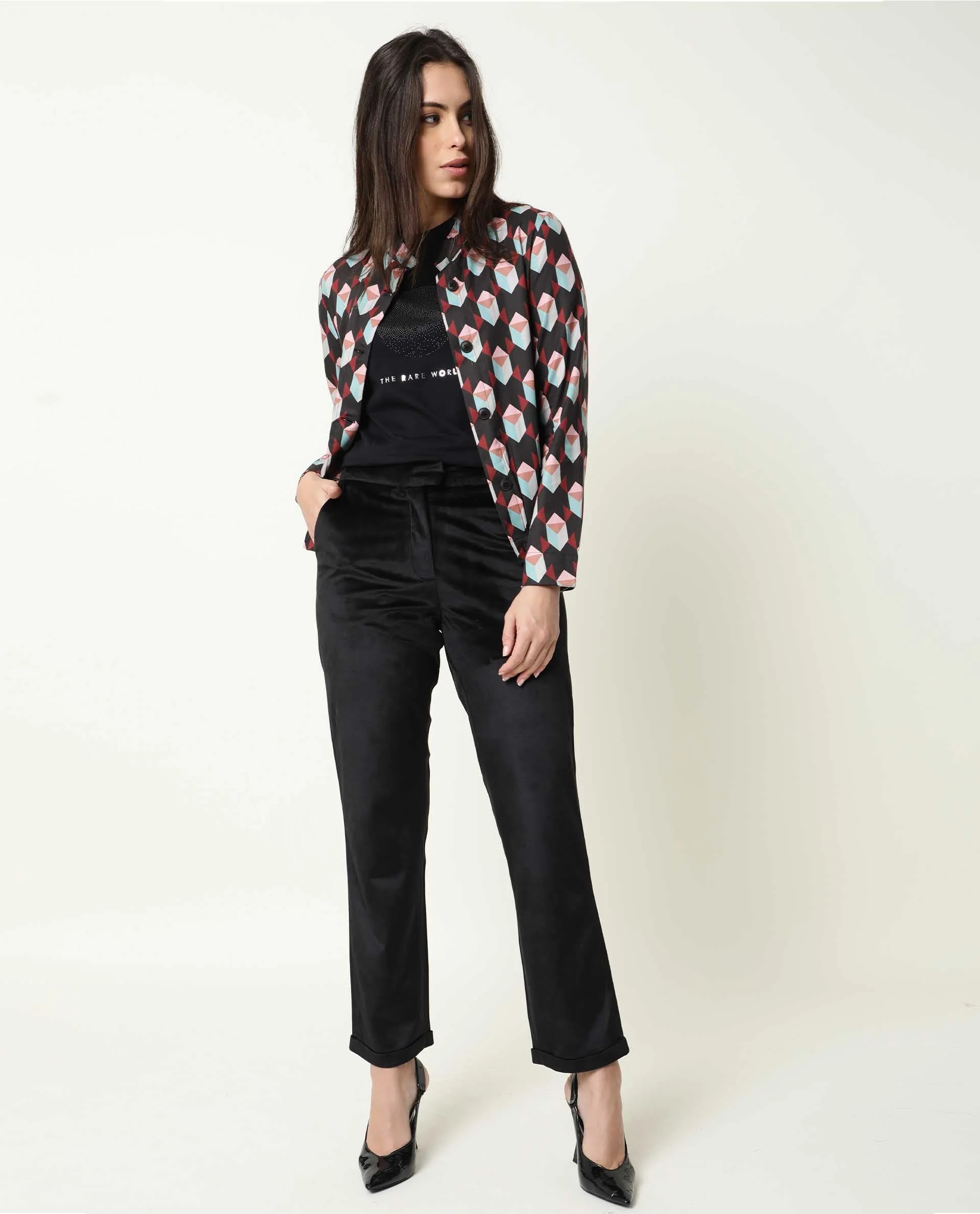Rareism Womens Knuckle Black Jacket Cotton Fabric Fit Regular Sleeves Mandarin Neck - Image 2