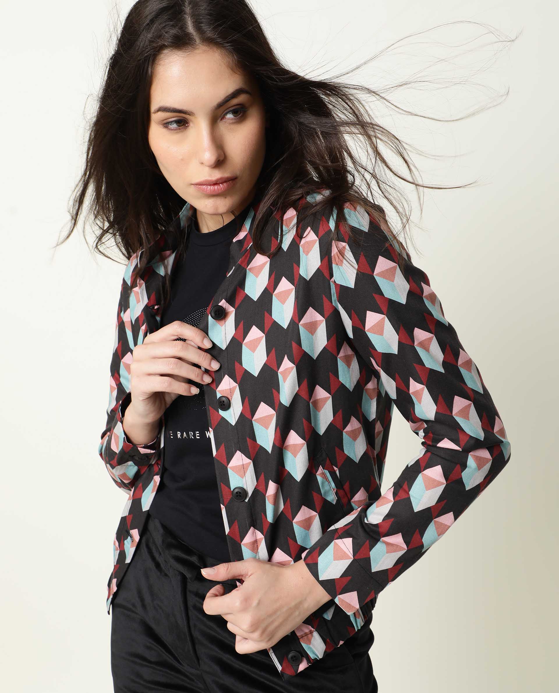 Rareism Womens Knuckle Black Jacket Cotton Fabric Fit Regular Sleeves Mandarin Neck - Image 5