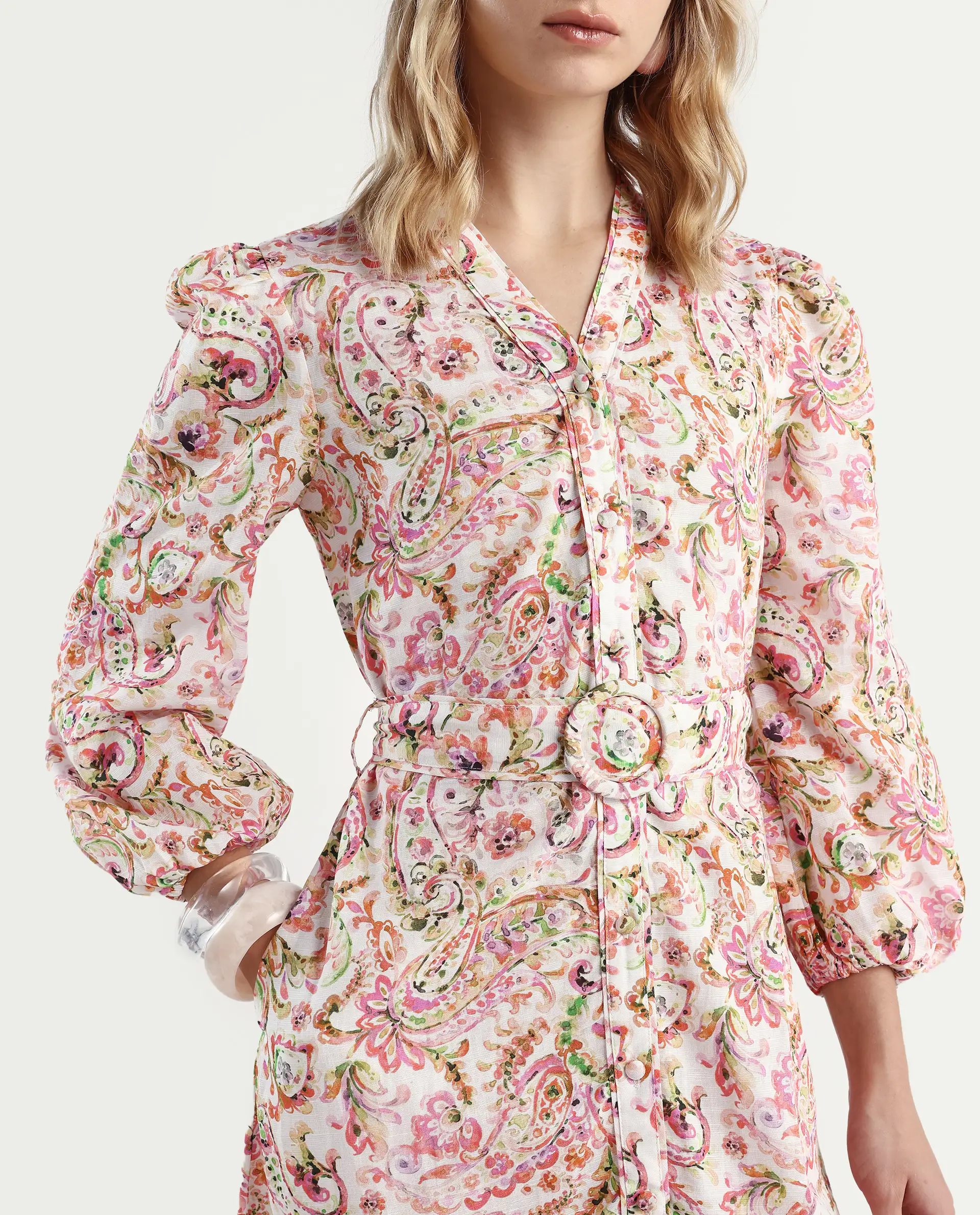 Rareism Women's Koa Light Multi Cotton Blend V-Neck Paisley Print Cuffed Sleeve Midi A-Line Dress - Image 3