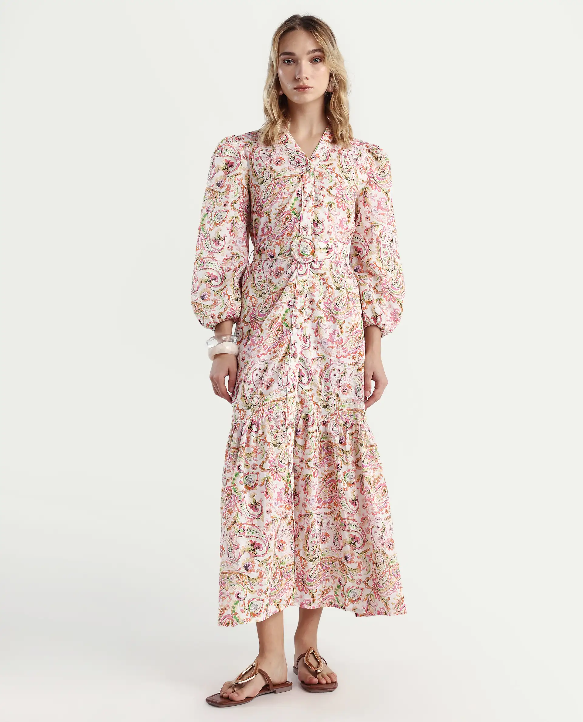 Rareism Women's Koa Light Multi Cotton Blend V-Neck Paisley Print Cuffed Sleeve Midi A-Line Dress - Image 4