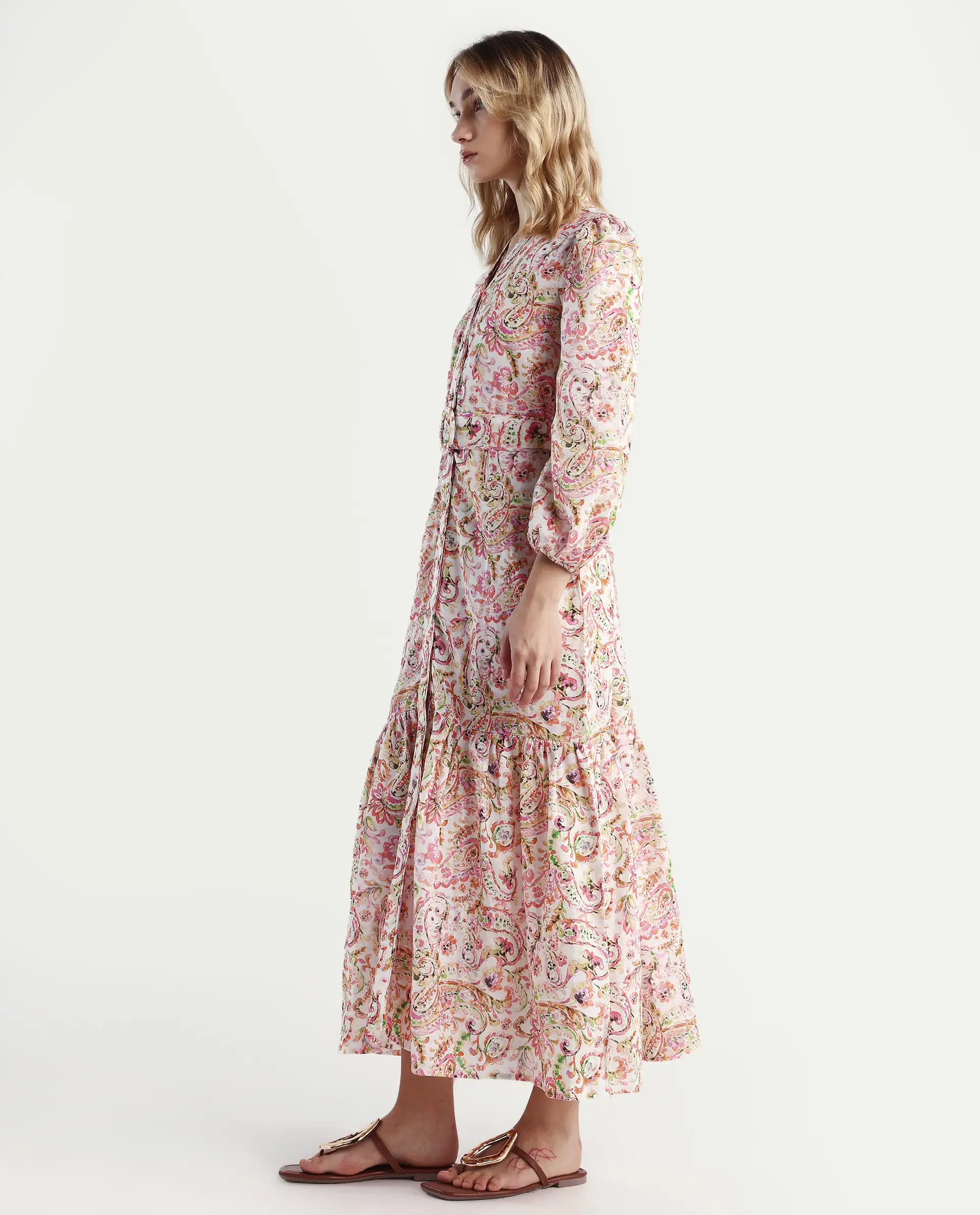 Rareism Women's Koa Light Multi Cotton Blend V-Neck Paisley Print Cuffed Sleeve Midi A-Line Dress - Image 5