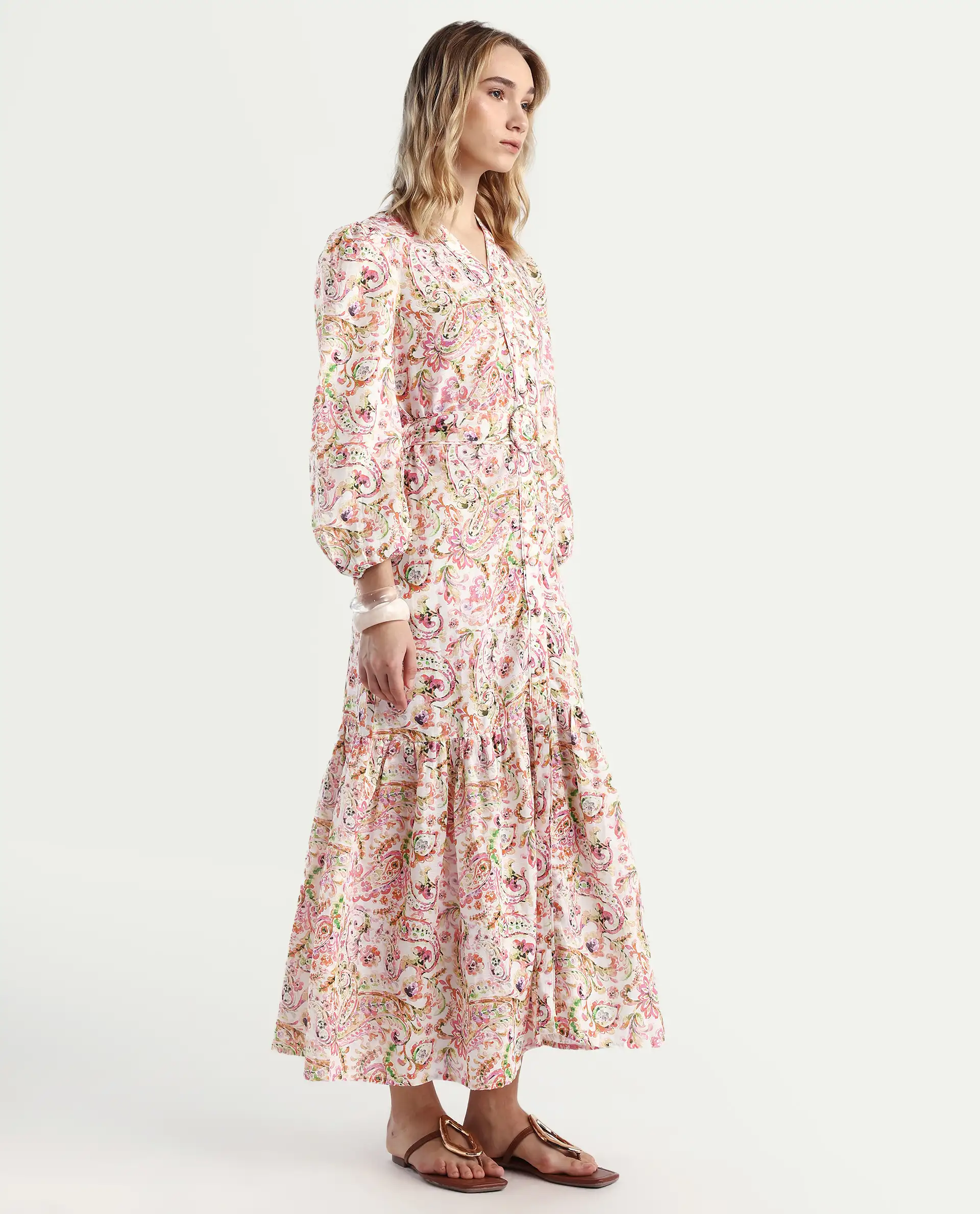 Rareism Women's Koa Light Multi Cotton Blend V-Neck Paisley Print Cuffed Sleeve Midi A-Line Dress - Image 6