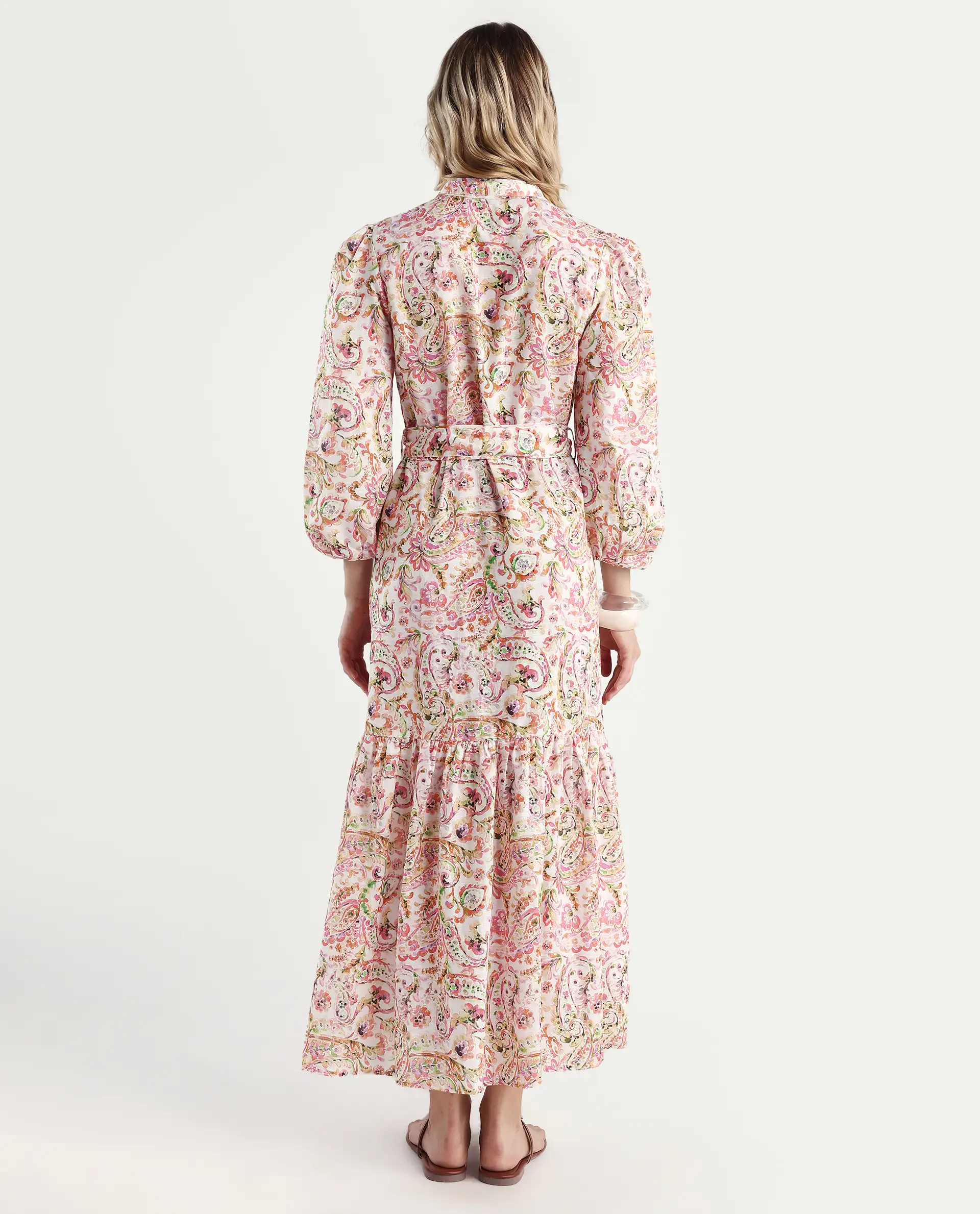 Rareism Women's Koa Light Multi Cotton Blend V-Neck Paisley Print Cuffed Sleeve Midi A-Line Dress - Image 7