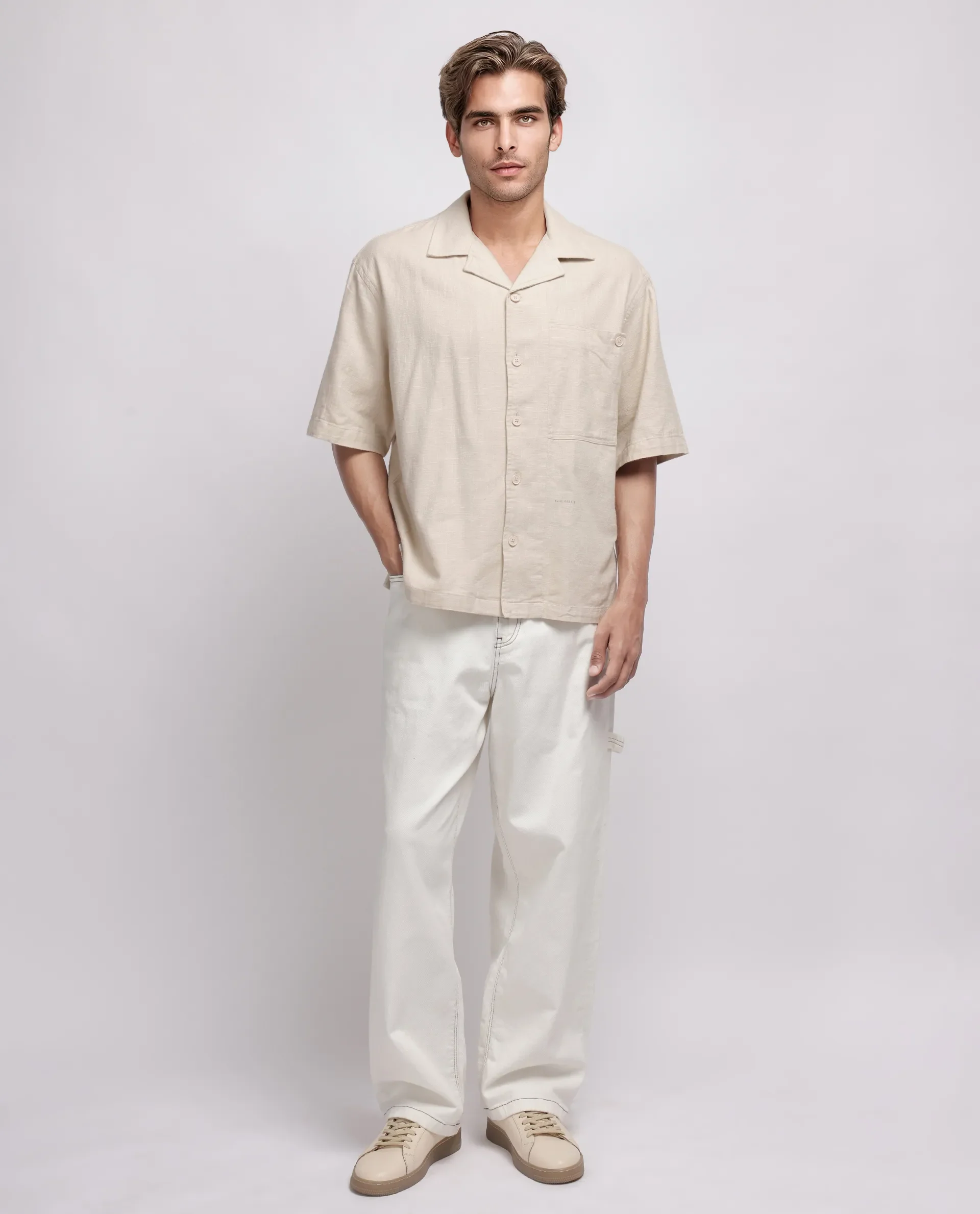 Rare Rabbit Men's Koba Beige Viscose Plain Boxy Fit Half Sleeve Cuban Collar Shirt - Image 2