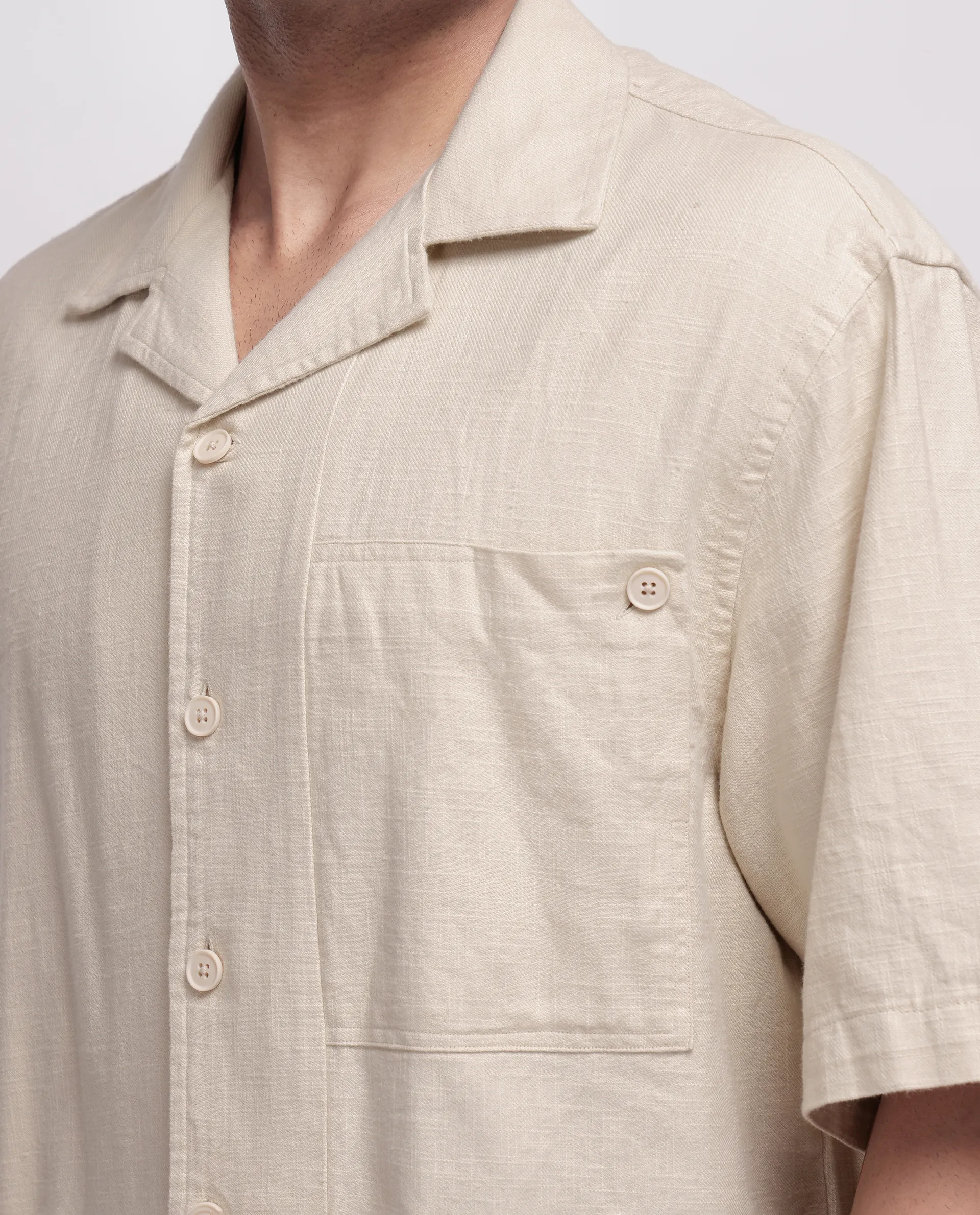 Rare Rabbit Men's Koba Beige Viscose Plain Boxy Fit Half Sleeve Cuban Collar Shirt - Image 3