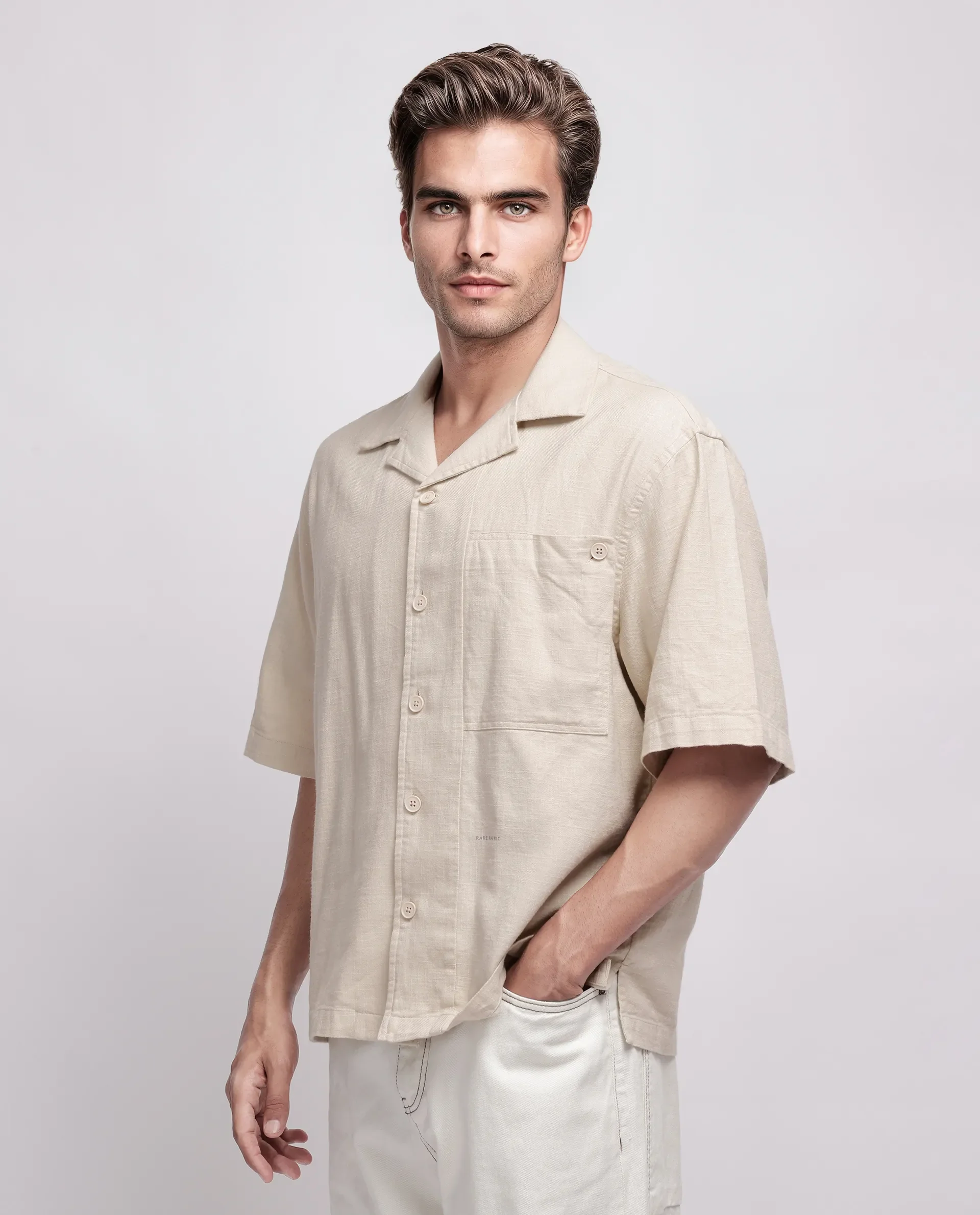 Rare Rabbit Men's Koba Beige Viscose Plain Boxy Fit Half Sleeve Cuban Collar Shirt - Image 5