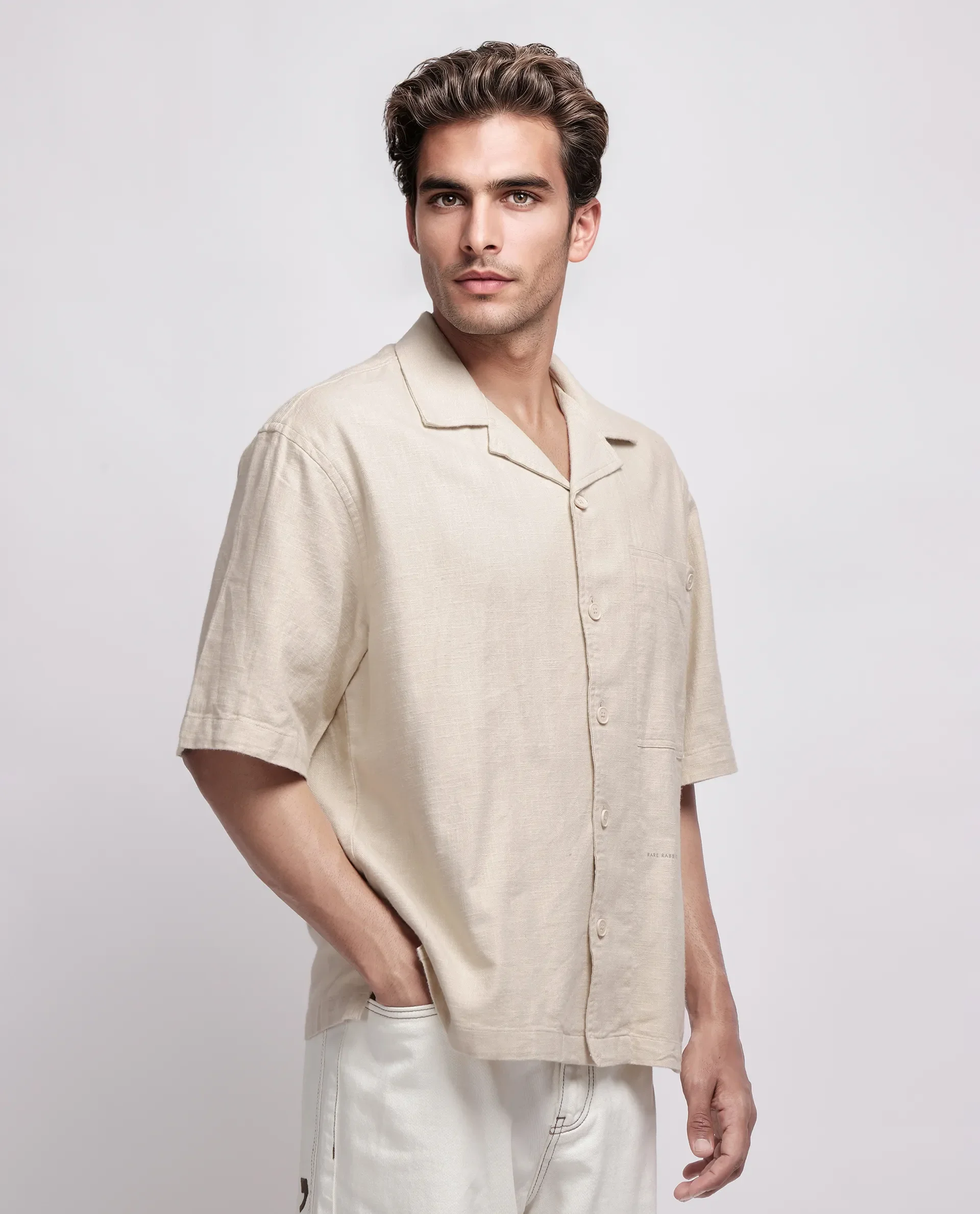 Rare Rabbit Men's Koba Beige Viscose Plain Boxy Fit Half Sleeve Cuban Collar Shirt - Image 6