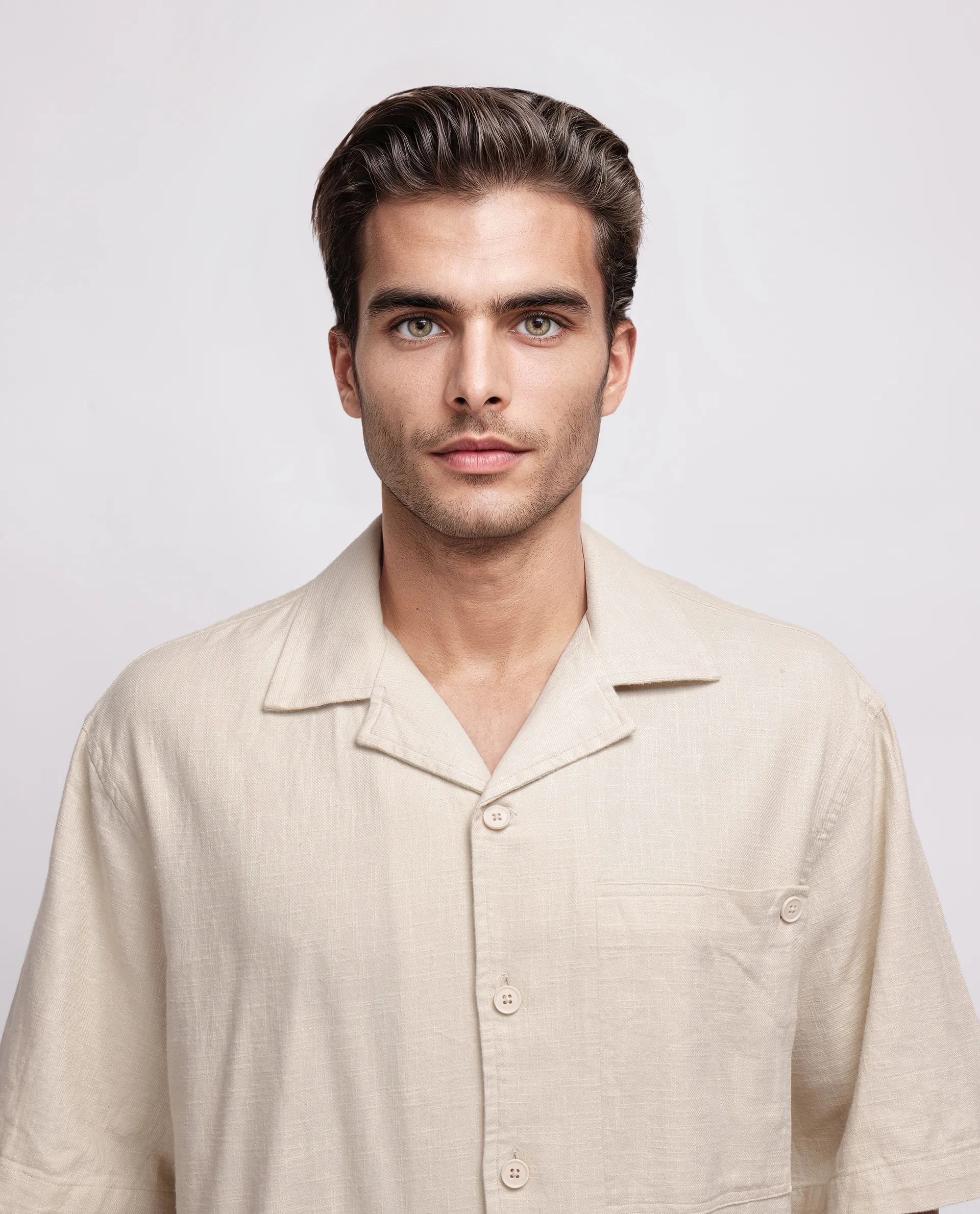 Rare Rabbit Men's Koba Beige Viscose Plain Boxy Fit Half Sleeve Cuban Collar Shirt - Image 7