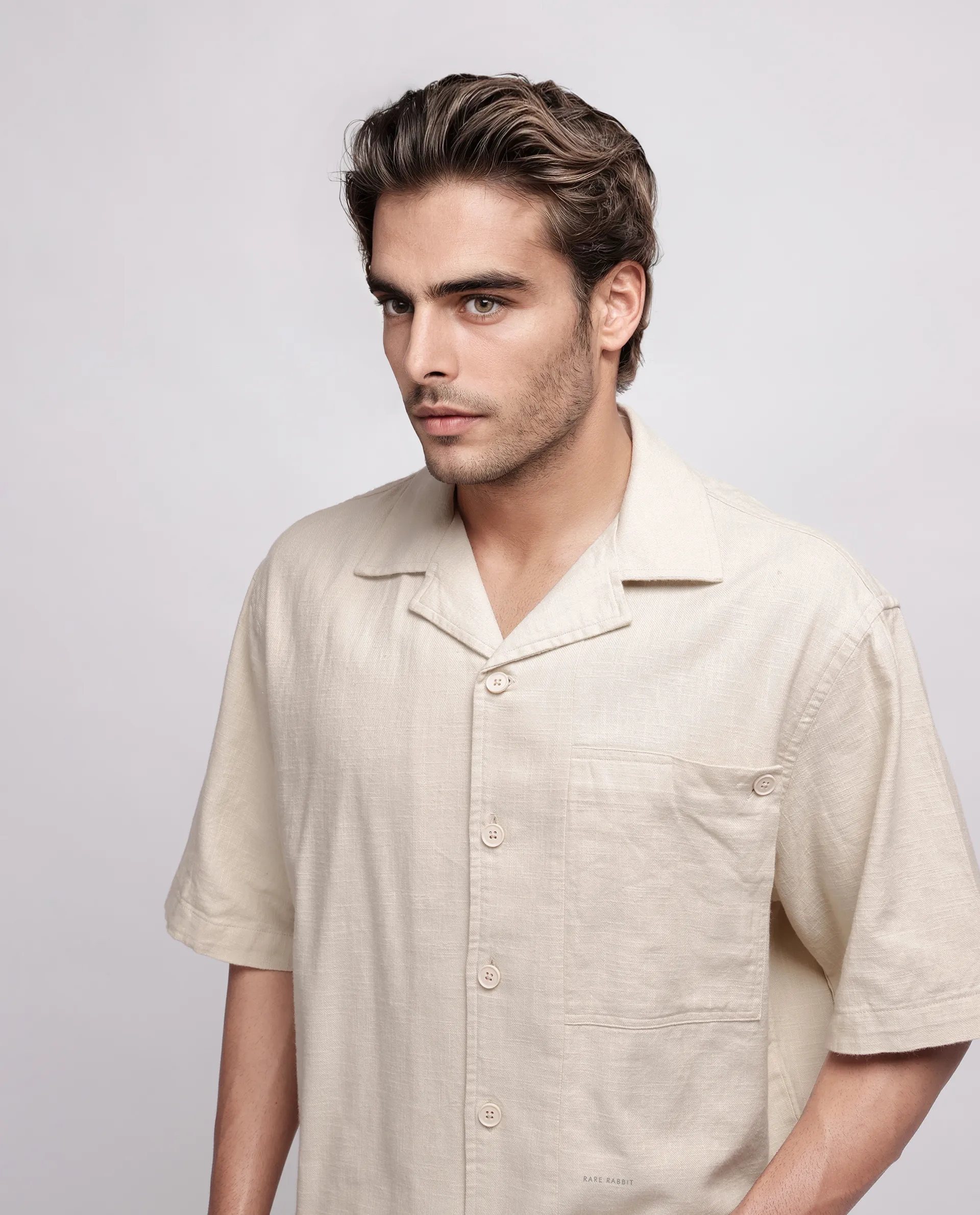 Rare Rabbit Men's Koba Beige Viscose Plain Boxy Fit Half Sleeve Cuban Collar Shirt - Image 8