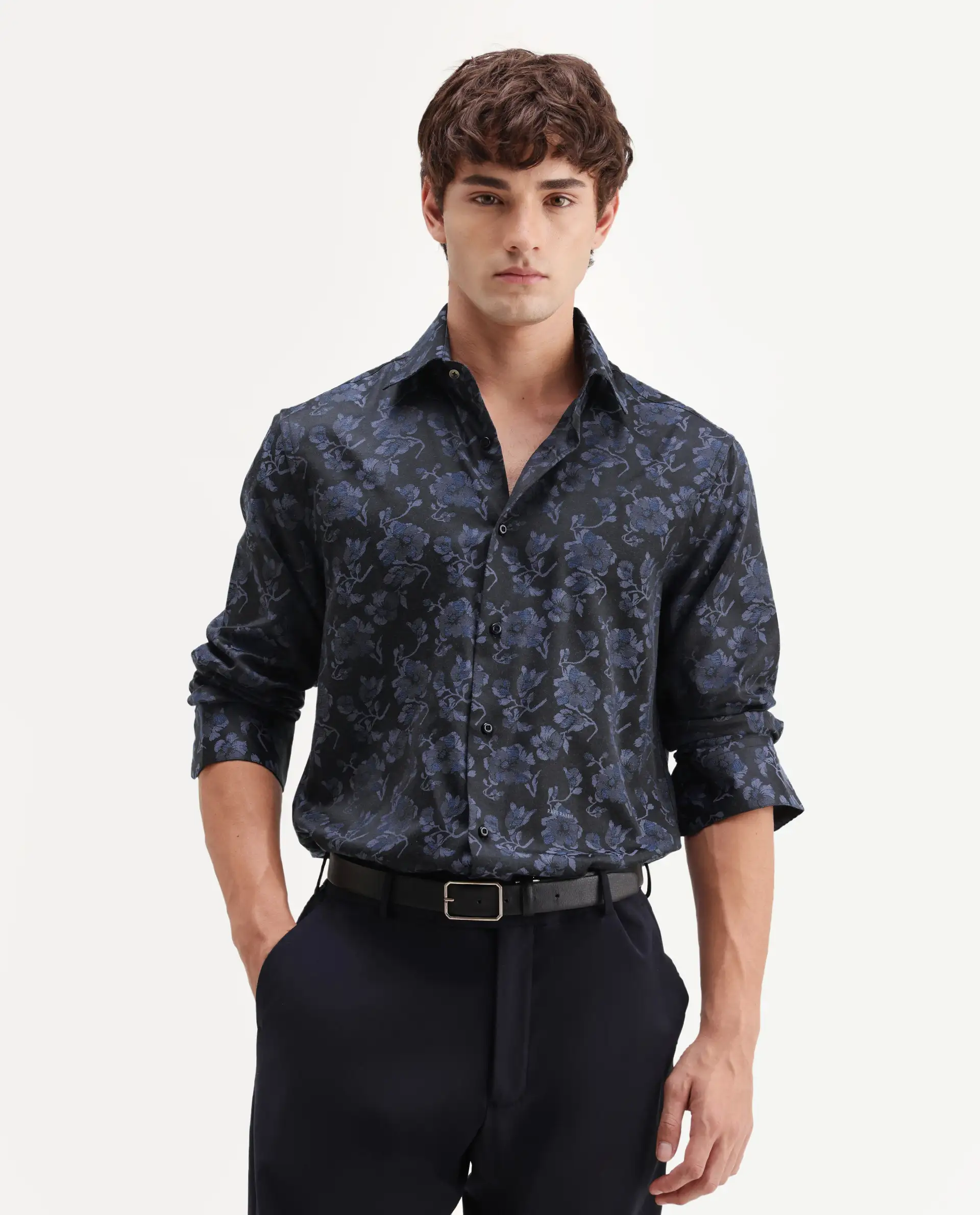 Rare Rabbit Men's Koba Dark Blue Polyester Blend Fabric Spread Collar Regular Fit Floral Print Shirt - Image 4
