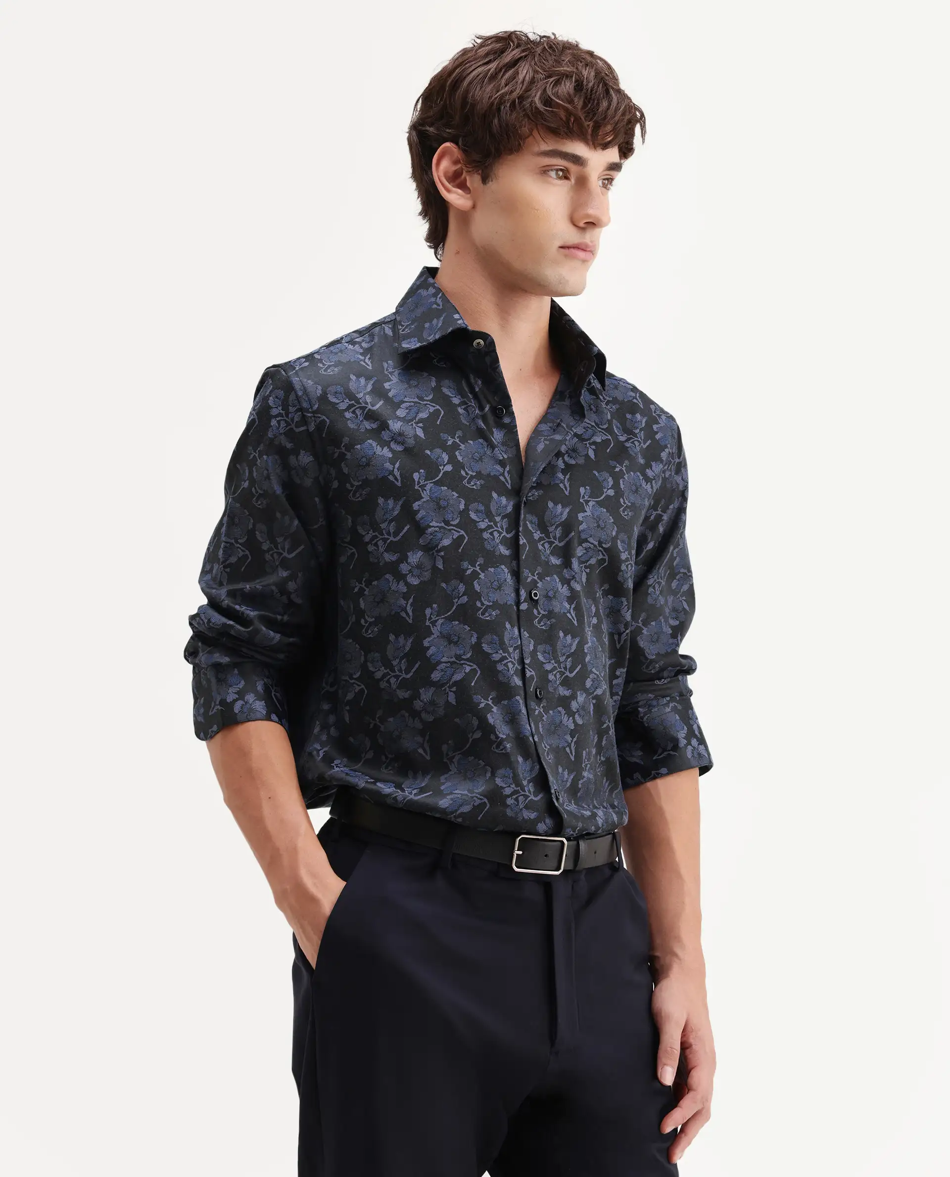 Rare Rabbit Men's Koba Dark Blue Polyester Blend Fabric Spread Collar Regular Fit Floral Print Shirt - Image 5