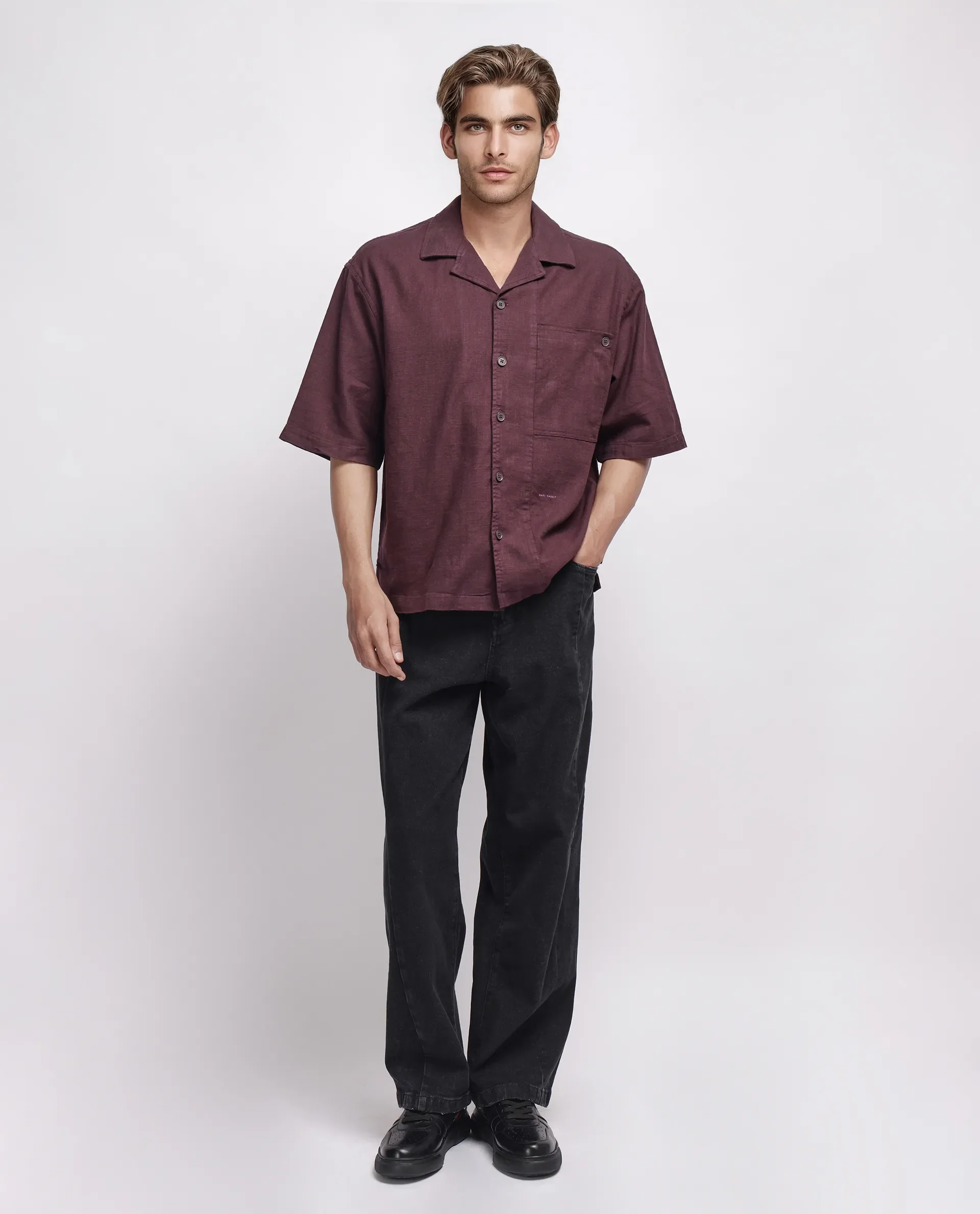 Rare Rabbit Men's Koba Dark Brown Cotton Plain Boxy Fit Half Sleeve Cuban Collar Shirt - Image 2