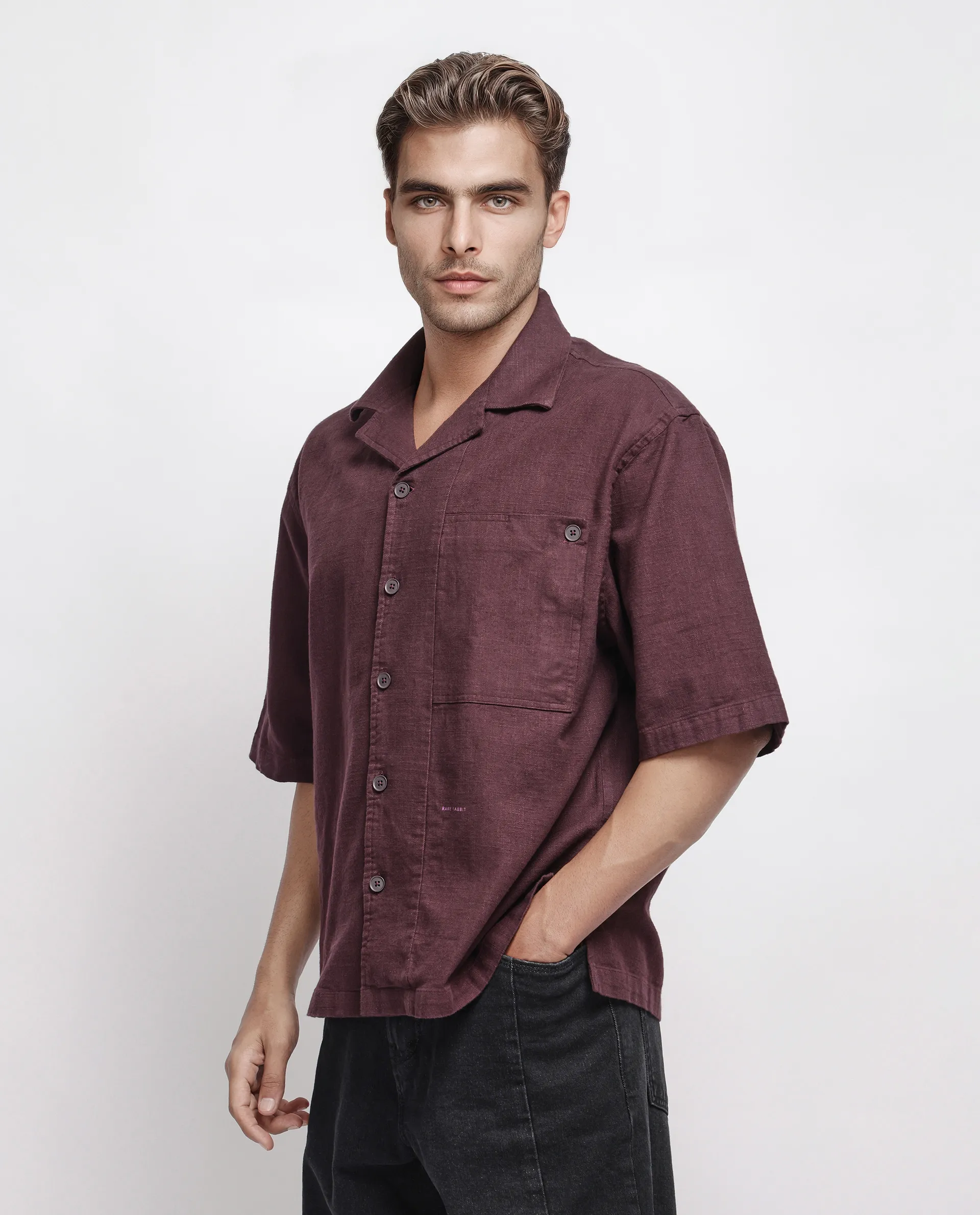 Rare Rabbit Men's Koba Dark Brown Cotton Plain Boxy Fit Half Sleeve Cuban Collar Shirt - Image 4