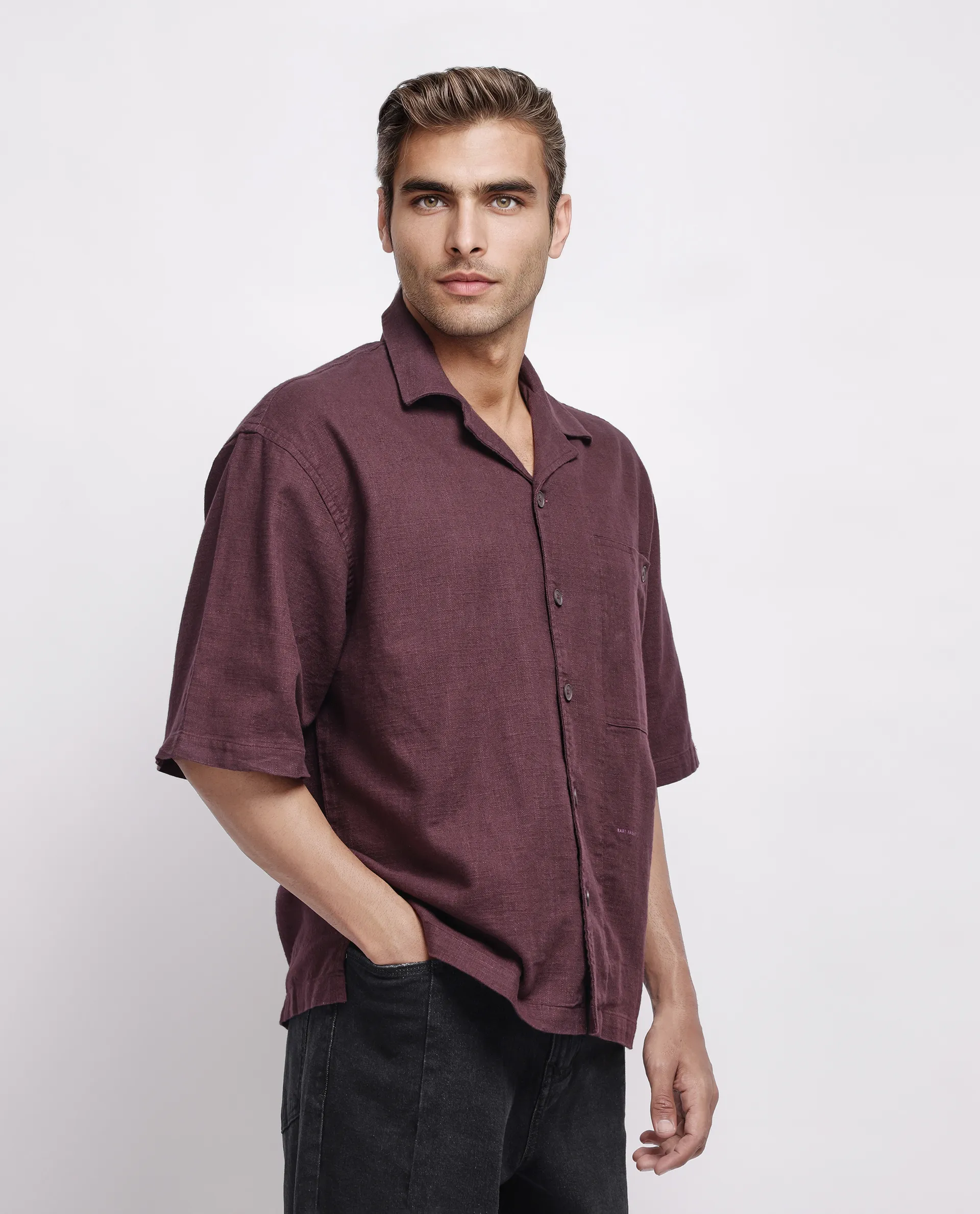 Rare Rabbit Men's Koba Dark Brown Cotton Plain Boxy Fit Half Sleeve Cuban Collar Shirt - Image 5