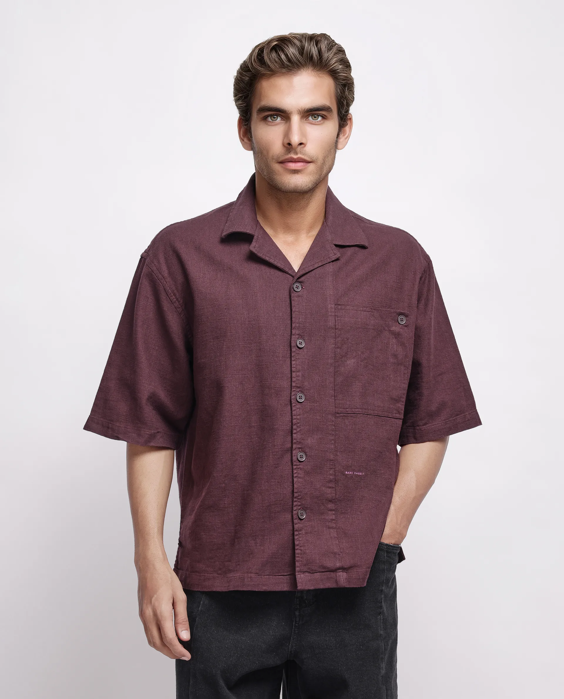 Rare Rabbit Men's Koba Dark Brown Cotton Plain Boxy Fit Half Sleeve Cuban Collar Shirt - Image 8
