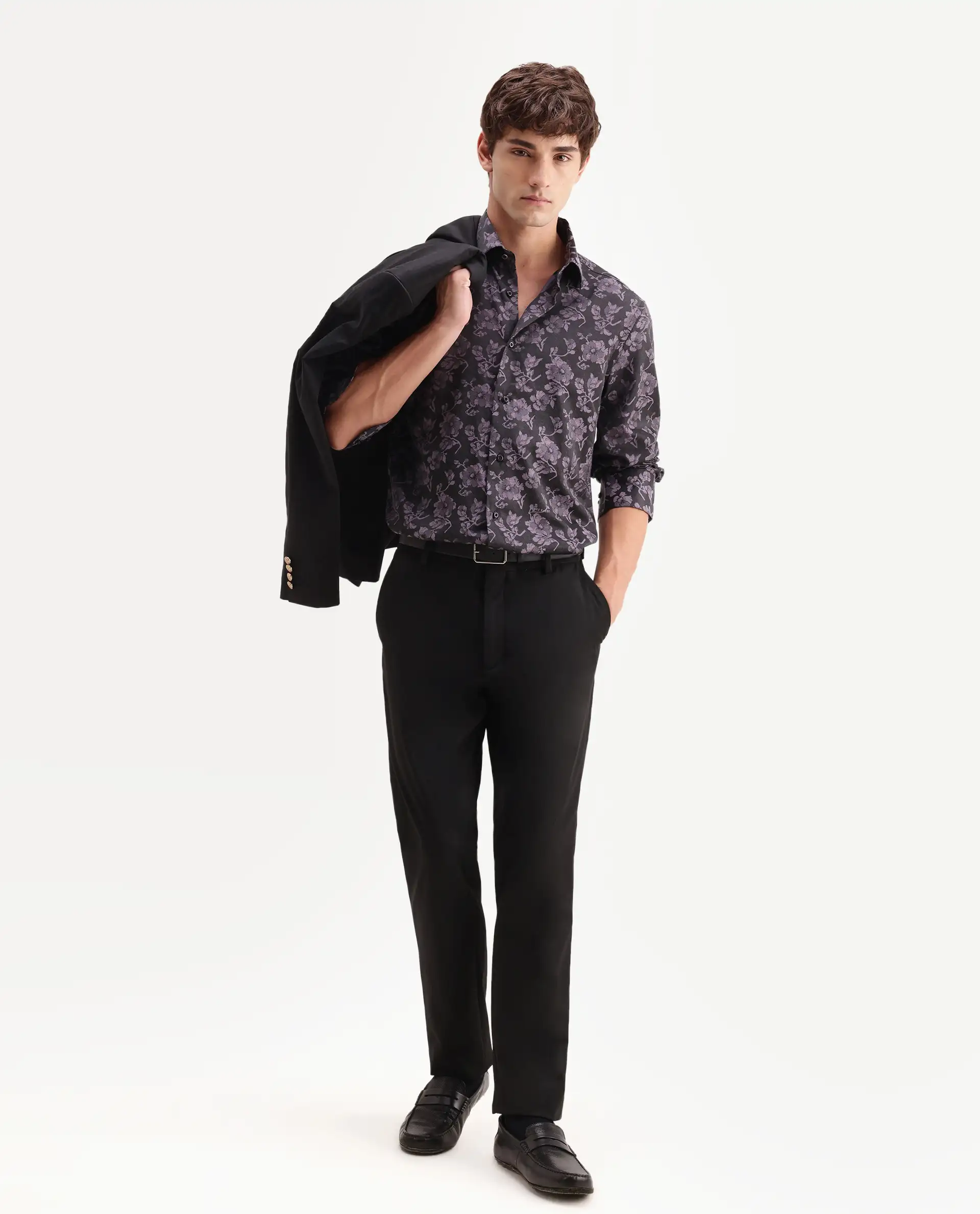 Rare Rabbit Men's Koba Dark Purple Polyester Blend Fabric Spread Collar Regular Fit Floral Print Shirt - Image 2