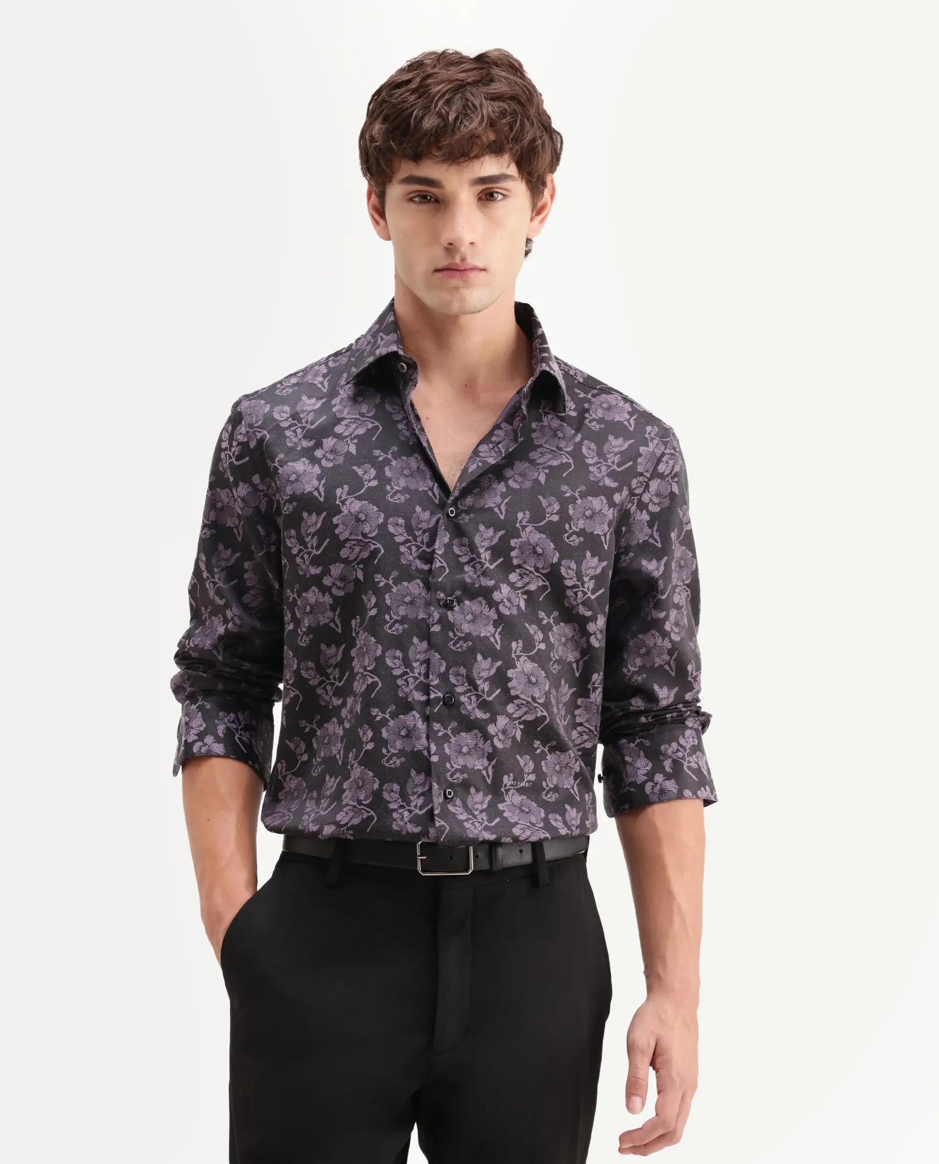 Rare Rabbit Men's Koba Dark Purple Polyester Blend Fabric Spread Collar Regular Fit Floral Print Shirt - Image 4
