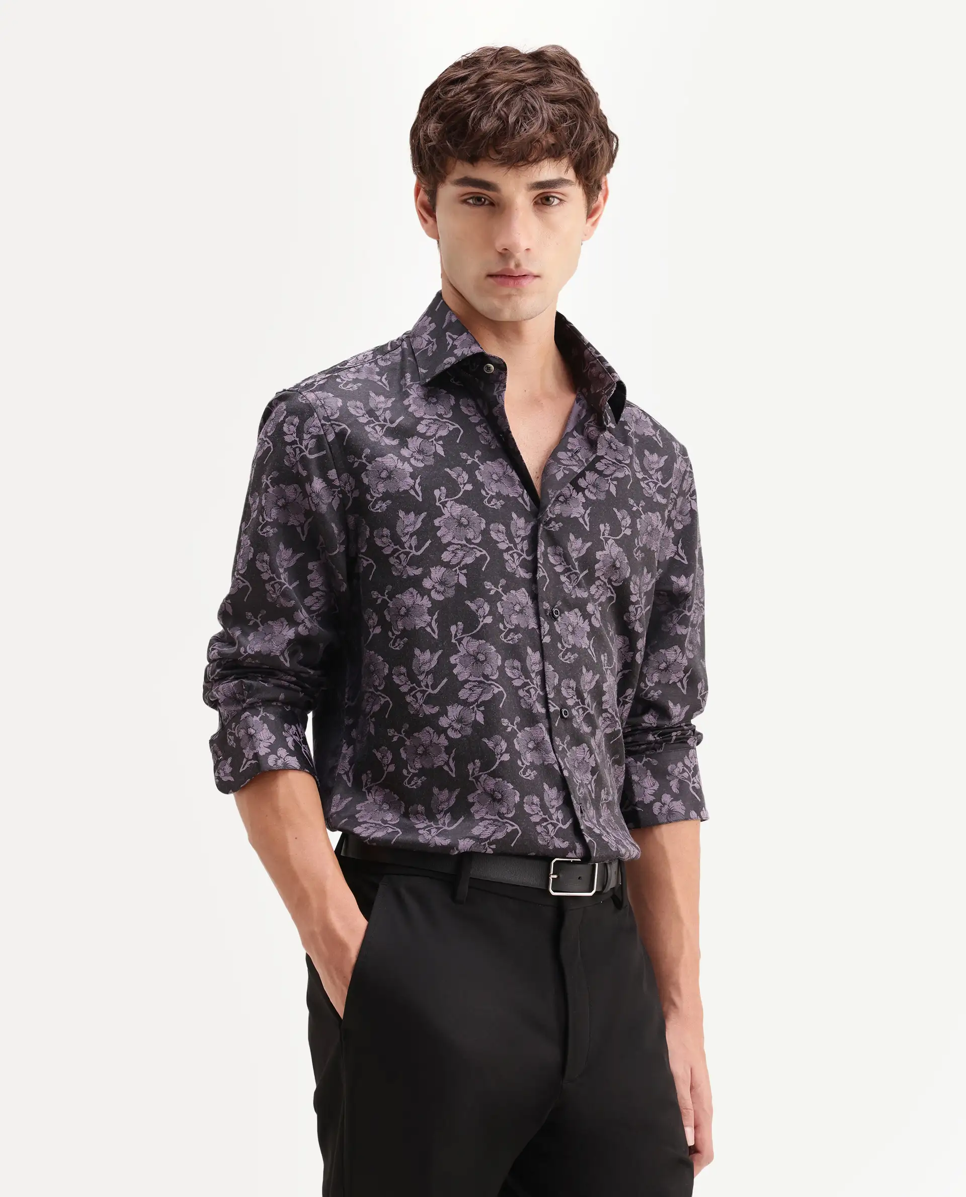 Rare Rabbit Men's Koba Dark Purple Polyester Blend Fabric Spread Collar Regular Fit Floral Print Shirt - Image 5