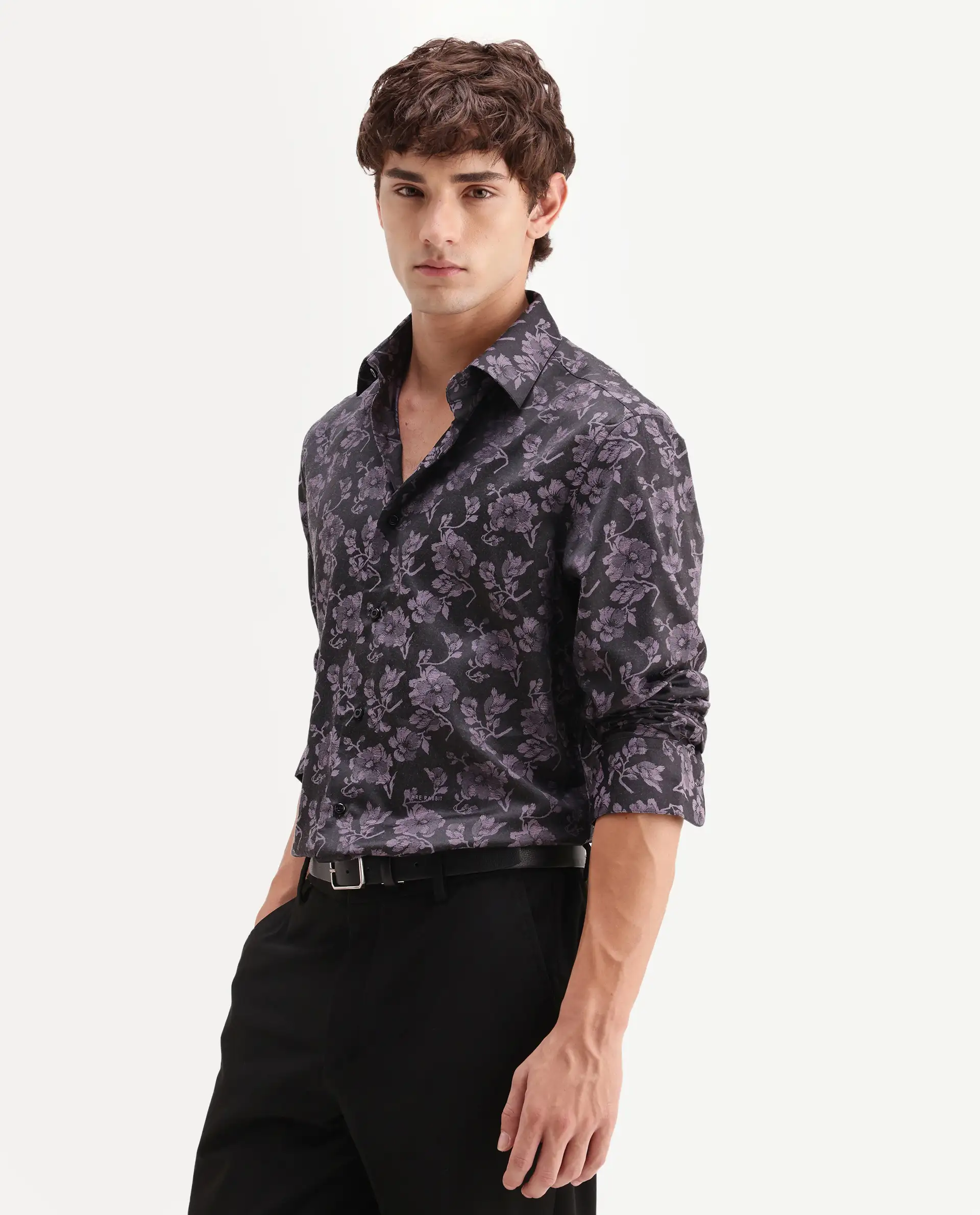Rare Rabbit Men's Koba Dark Purple Polyester Blend Fabric Spread Collar Regular Fit Floral Print Shirt - Image 6