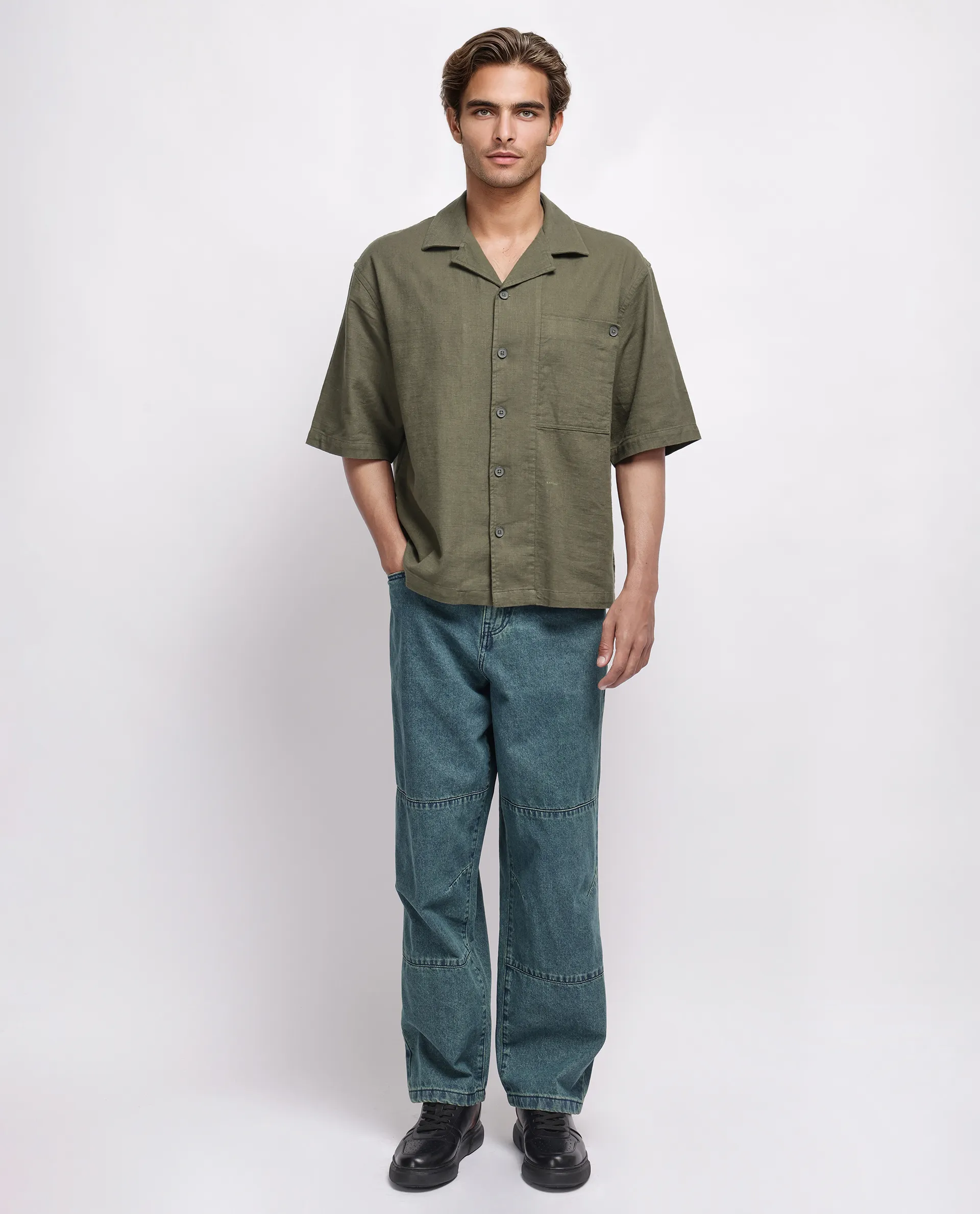 Rare Rabbit Men's Koba Olive Viscose Plain Boxy Fit Half Sleeve Cuban Collar Shirt - Image 2