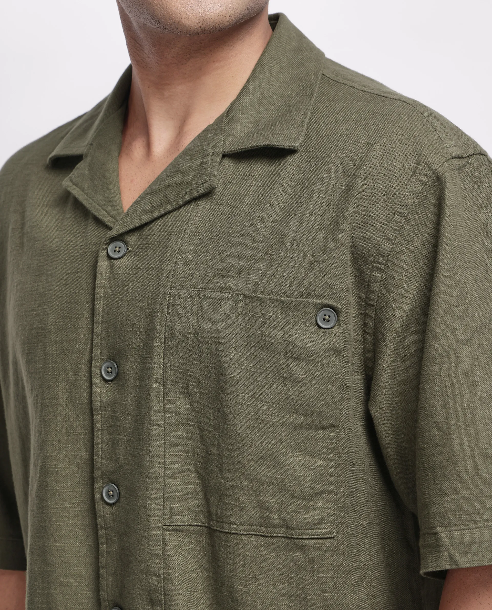 Rare Rabbit Men's Koba Olive Viscose Plain Boxy Fit Half Sleeve Cuban Collar Shirt - Image 3