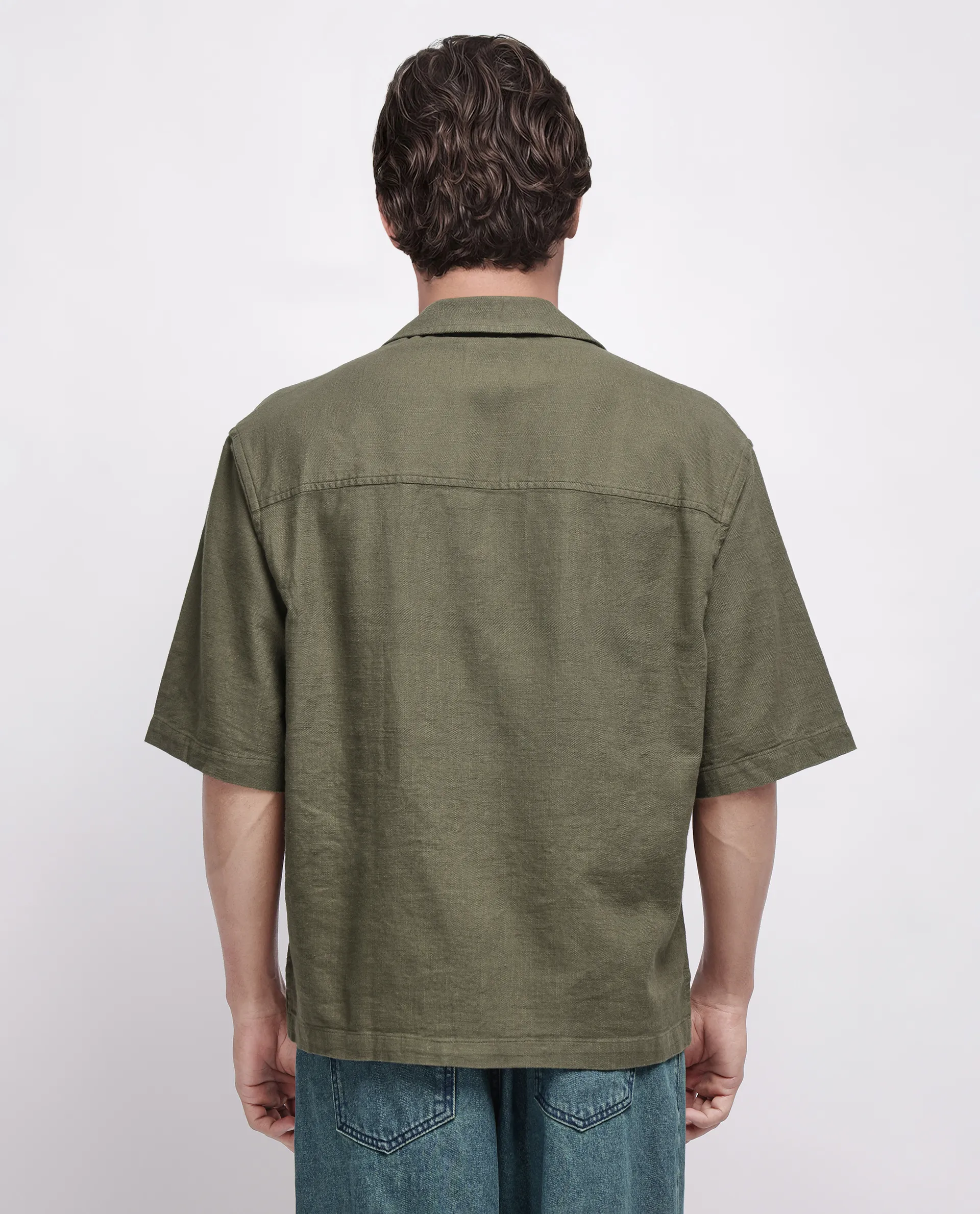 Rare Rabbit Men's Koba Olive Viscose Plain Boxy Fit Half Sleeve Cuban Collar Shirt - Image 4