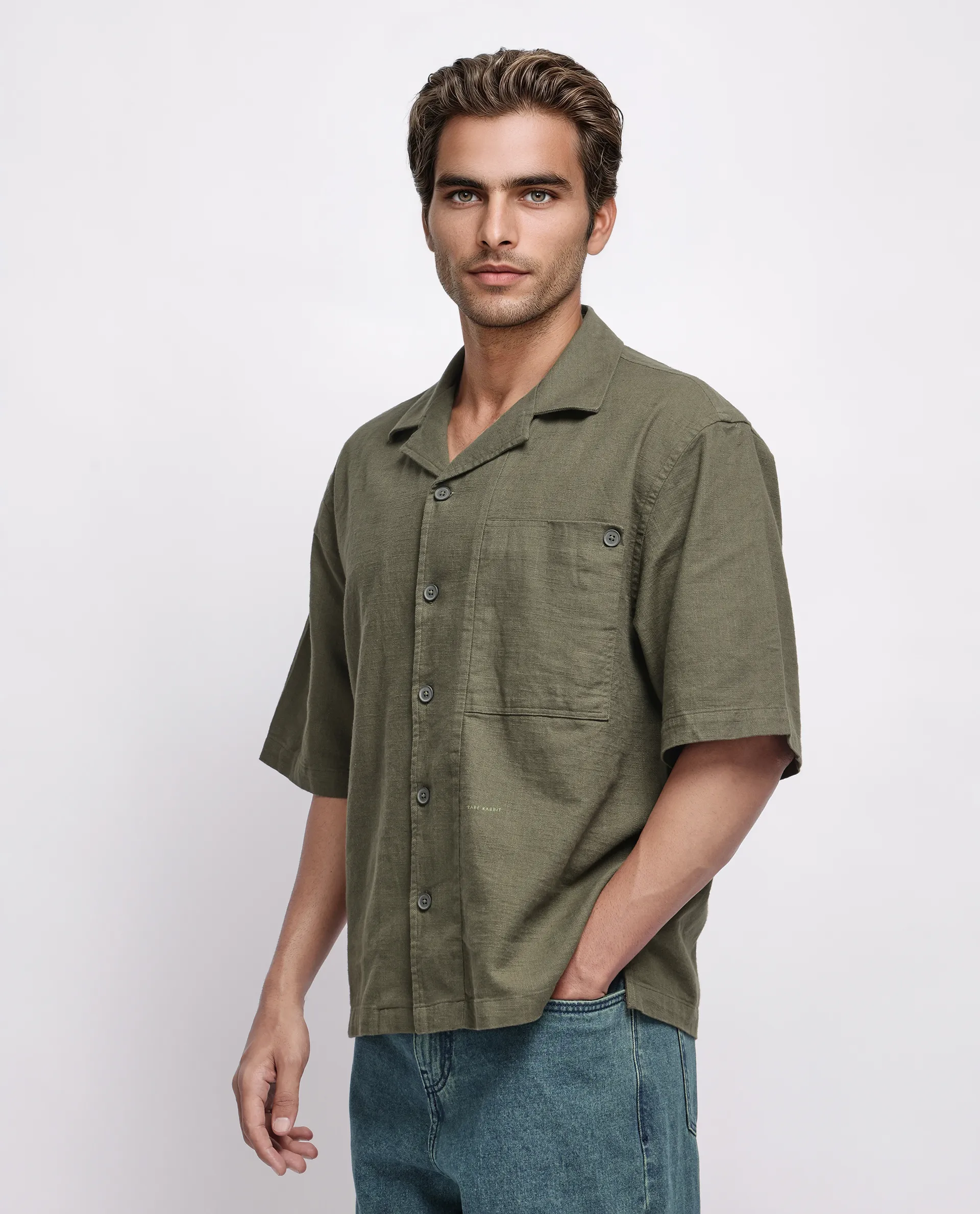 Rare Rabbit Men's Koba Olive Viscose Plain Boxy Fit Half Sleeve Cuban Collar Shirt - Image 5