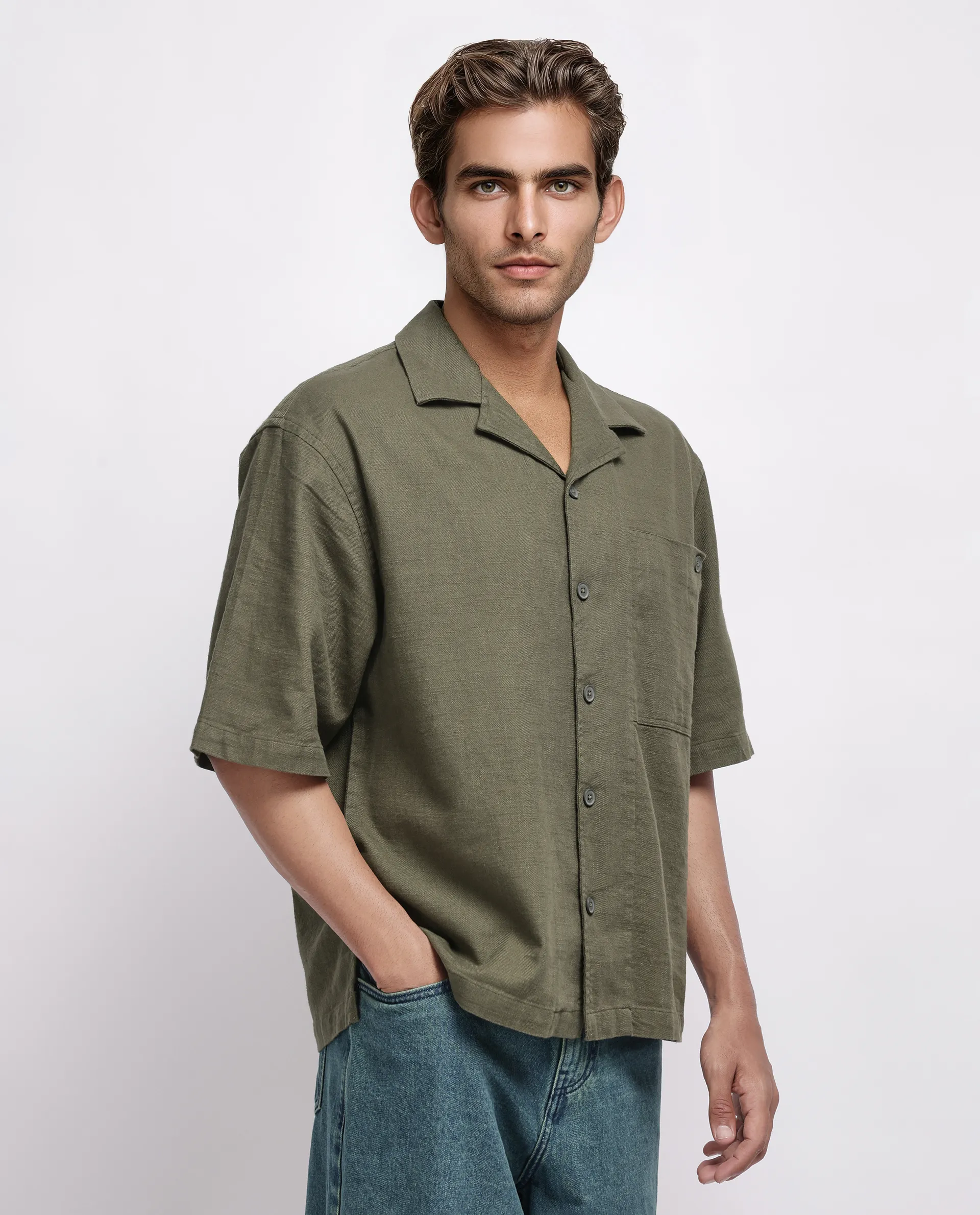 Rare Rabbit Men's Koba Olive Viscose Plain Boxy Fit Half Sleeve Cuban Collar Shirt - Image 6