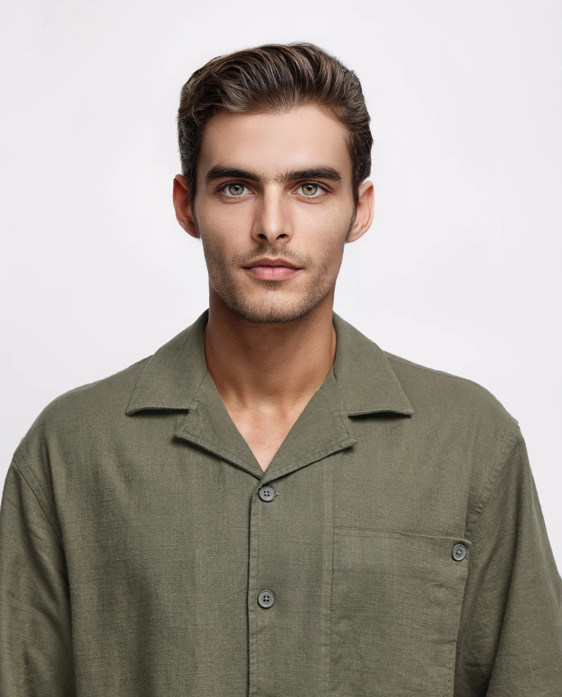 Rare Rabbit Men's Koba Olive Viscose Plain Boxy Fit Half Sleeve Cuban Collar Shirt - Image 7