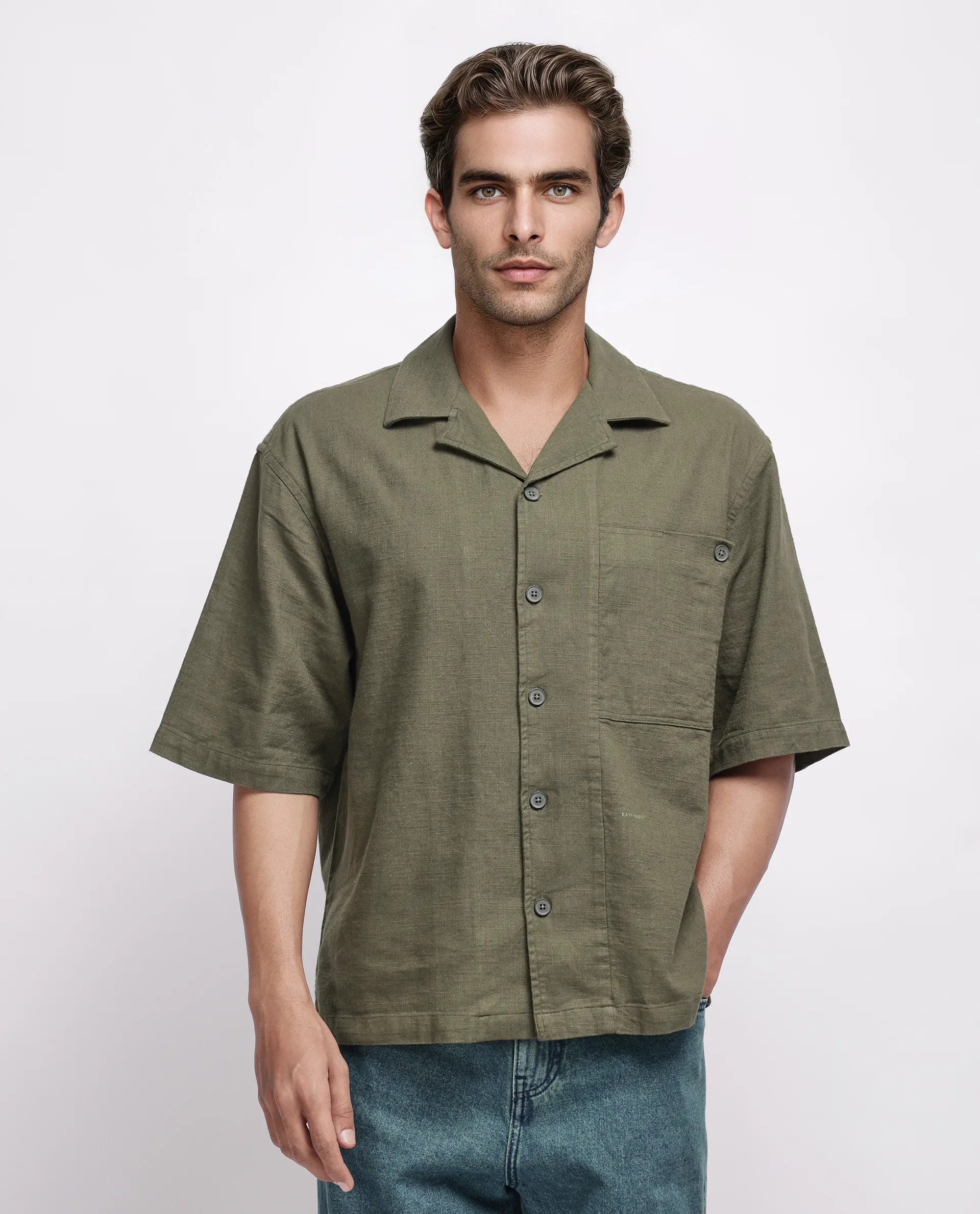 Rare Rabbit Men's Koba Olive Viscose Plain Boxy Fit Half Sleeve Cuban Collar Shirt - Image 8