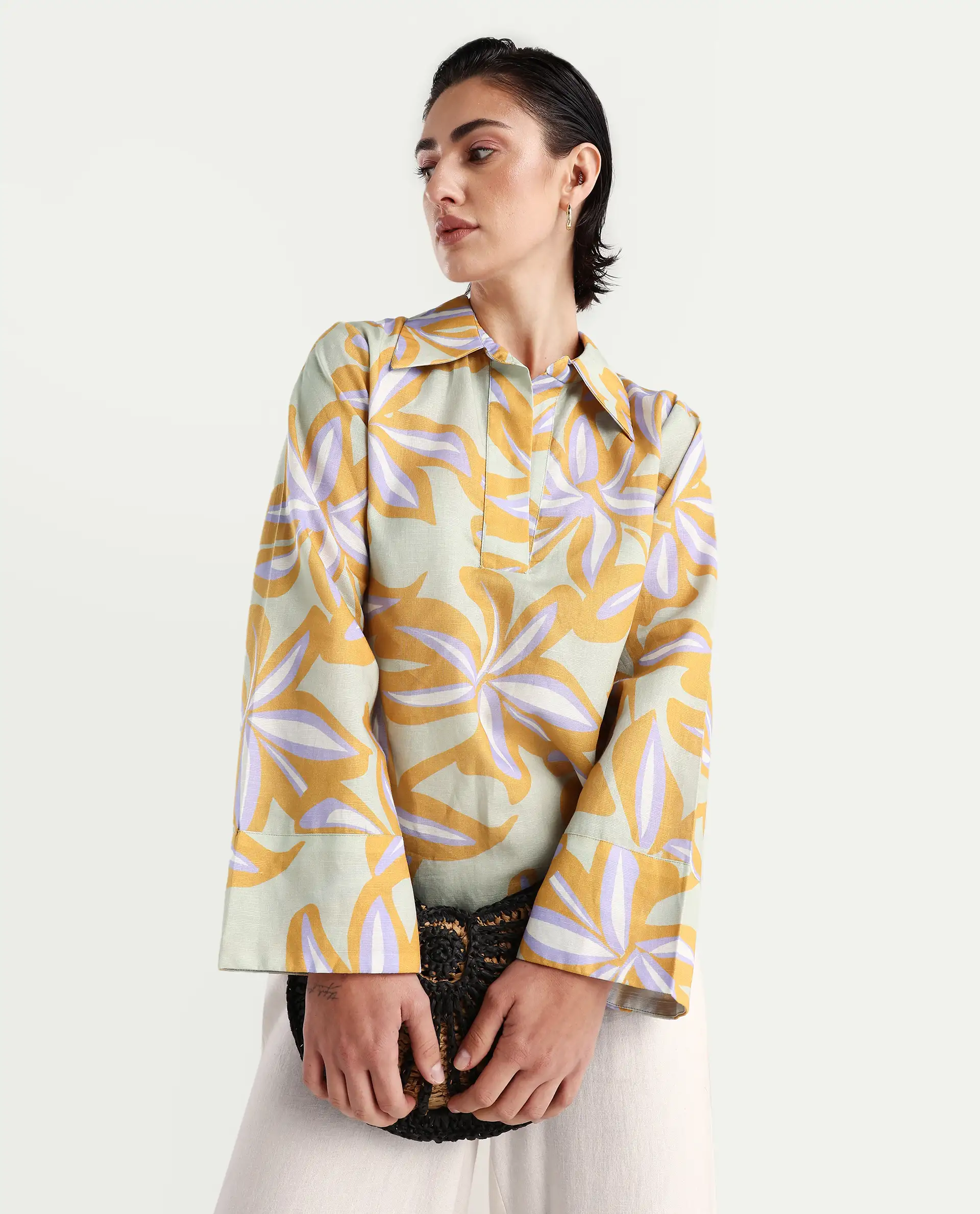 Rareism Women's Kofianie Brown Cotton Blend Drop Collar Abstract Print Bell Sleeve Regular Fit Top