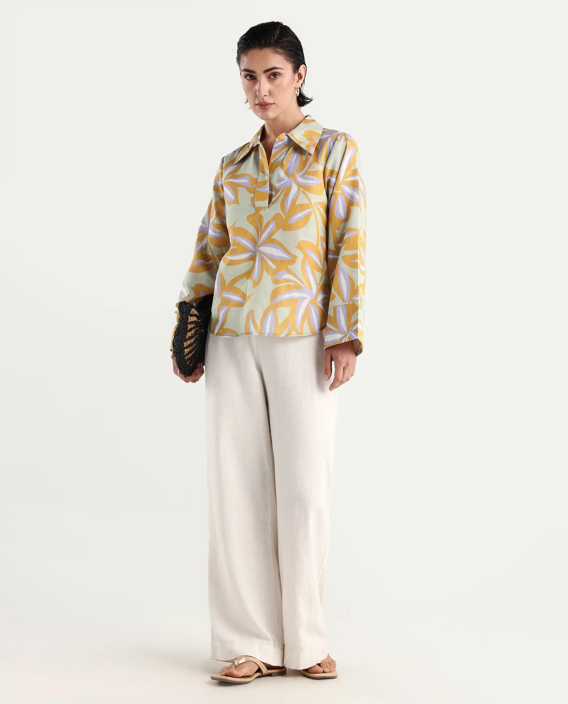 Rareism Women's Kofianie Brown Cotton Blend Drop Collar Abstract Print Bell Sleeve Regular Fit Top - Image 2
