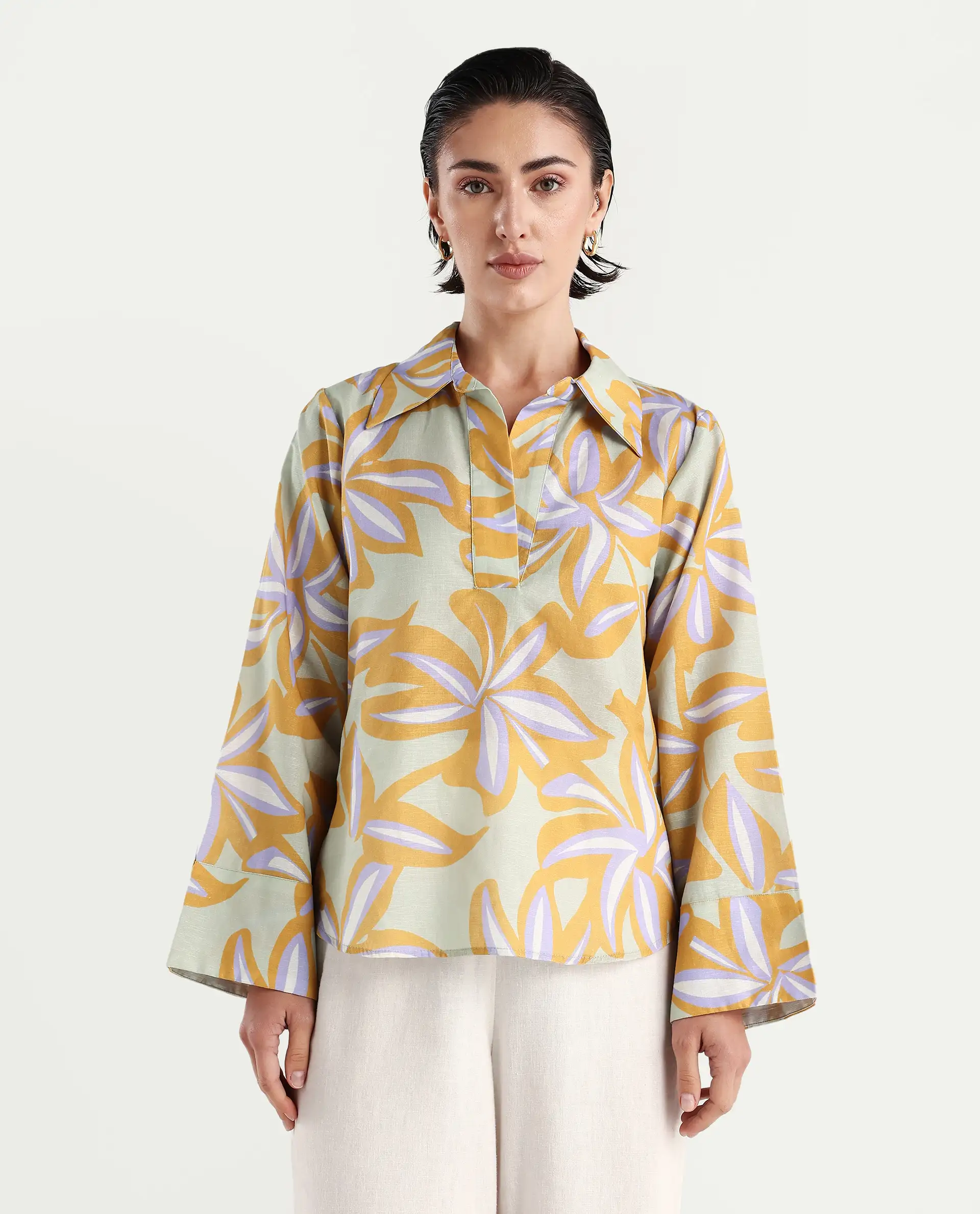 Rareism Women's Kofianie Brown Cotton Blend Drop Collar Abstract Print Bell Sleeve Regular Fit Top - Image 4