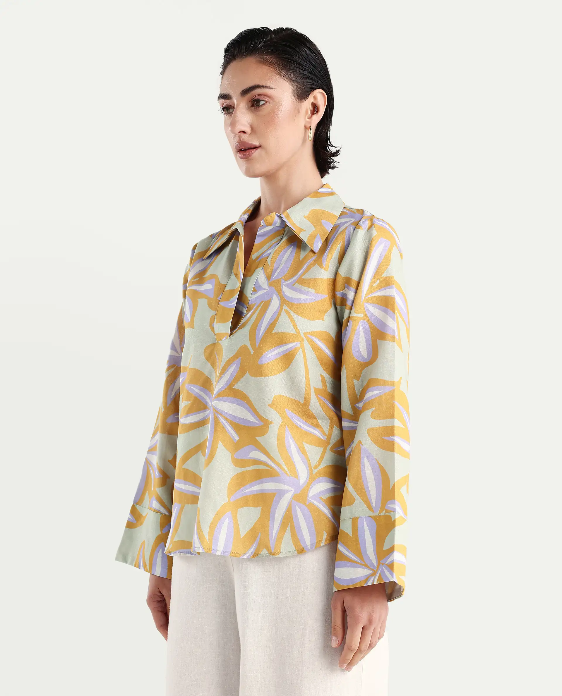 Rareism Women's Kofianie Brown Cotton Blend Drop Collar Abstract Print Bell Sleeve Regular Fit Top - Image 5