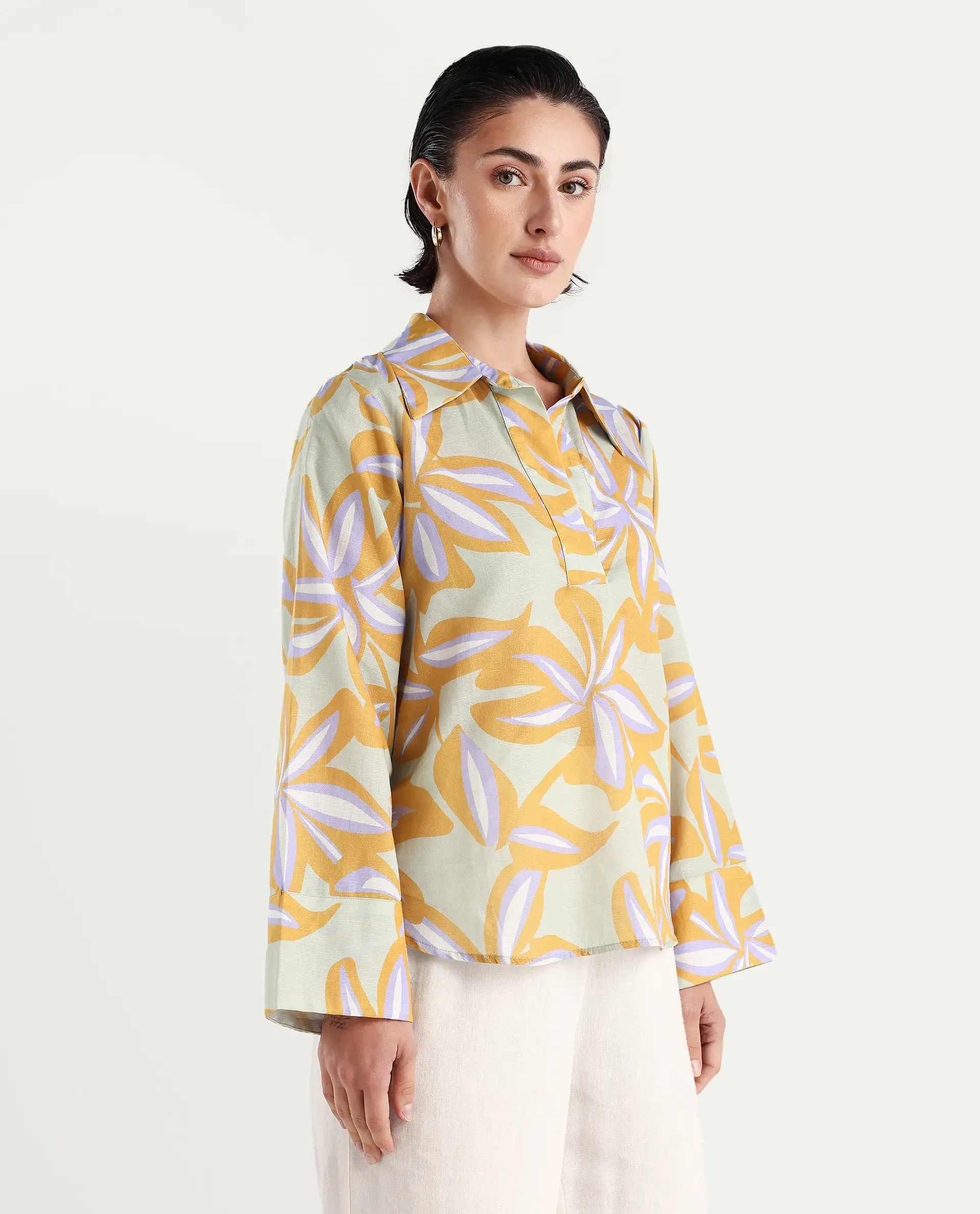 Rareism Women's Kofianie Brown Cotton Blend Drop Collar Abstract Print Bell Sleeve Regular Fit Top - Image 6