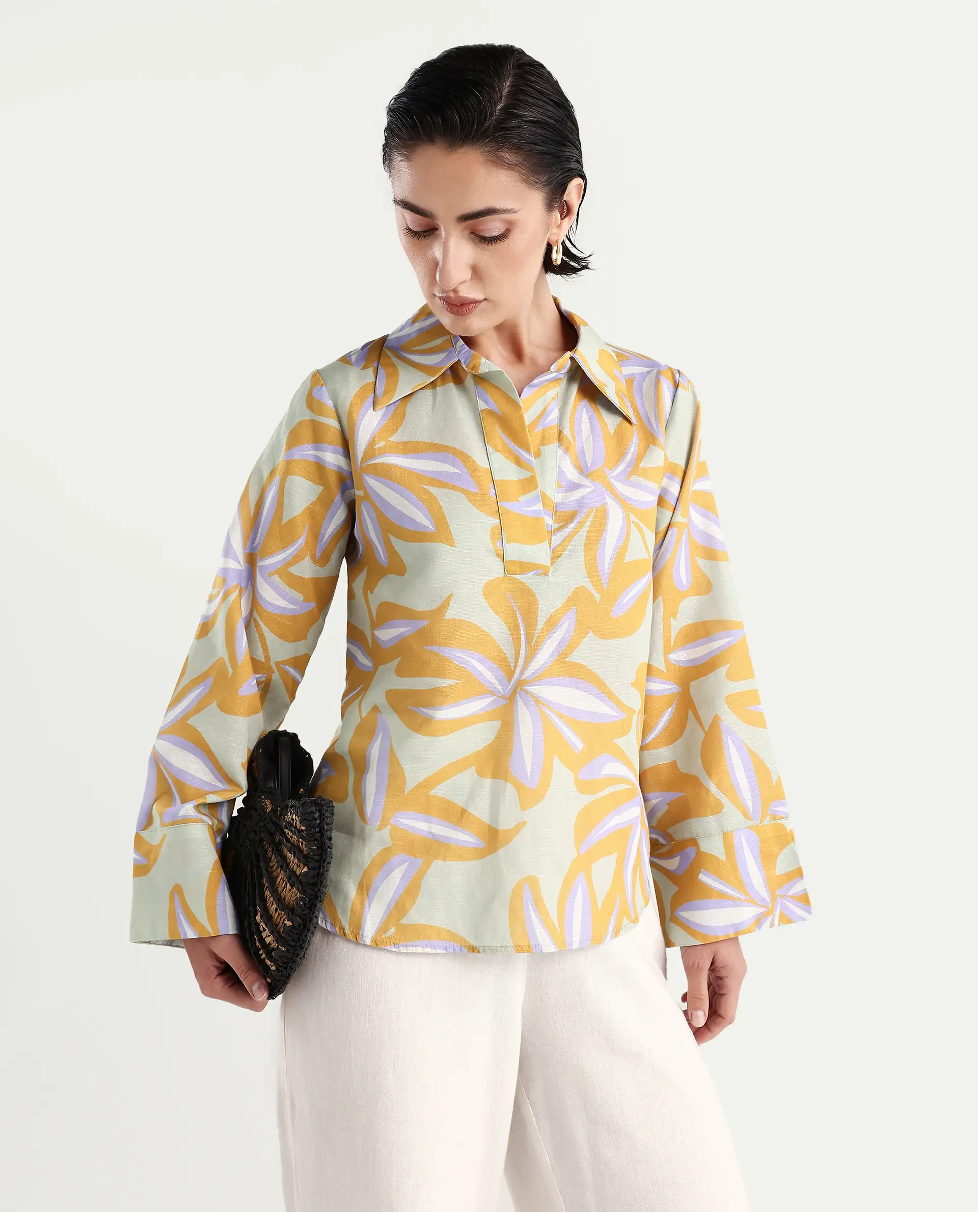 Rareism Women's Kofianie Brown Cotton Blend Drop Collar Abstract Print Bell Sleeve Regular Fit Top - Image 7