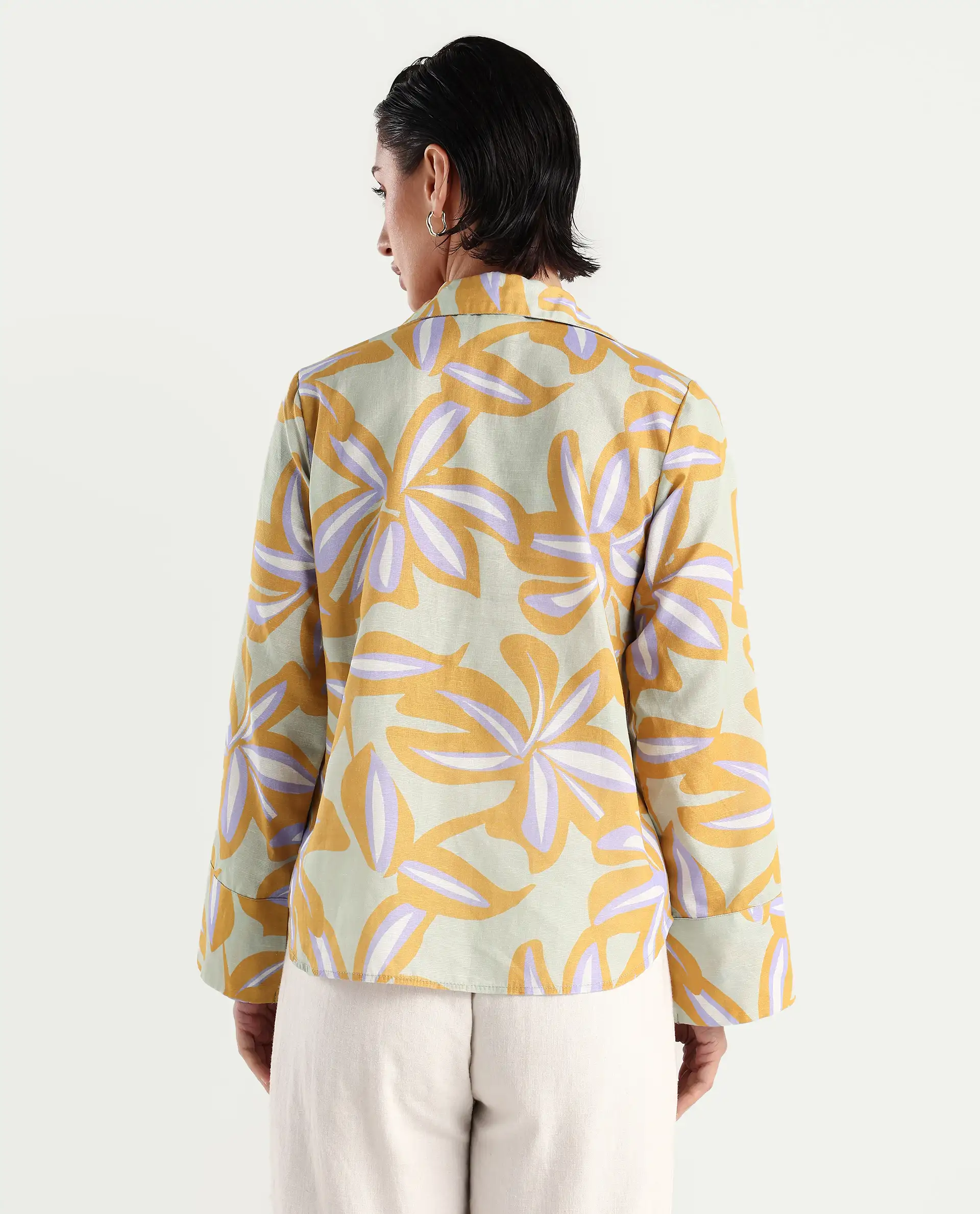 Rareism Women's Kofianie Brown Cotton Blend Drop Collar Abstract Print Bell Sleeve Regular Fit Top - Image 8