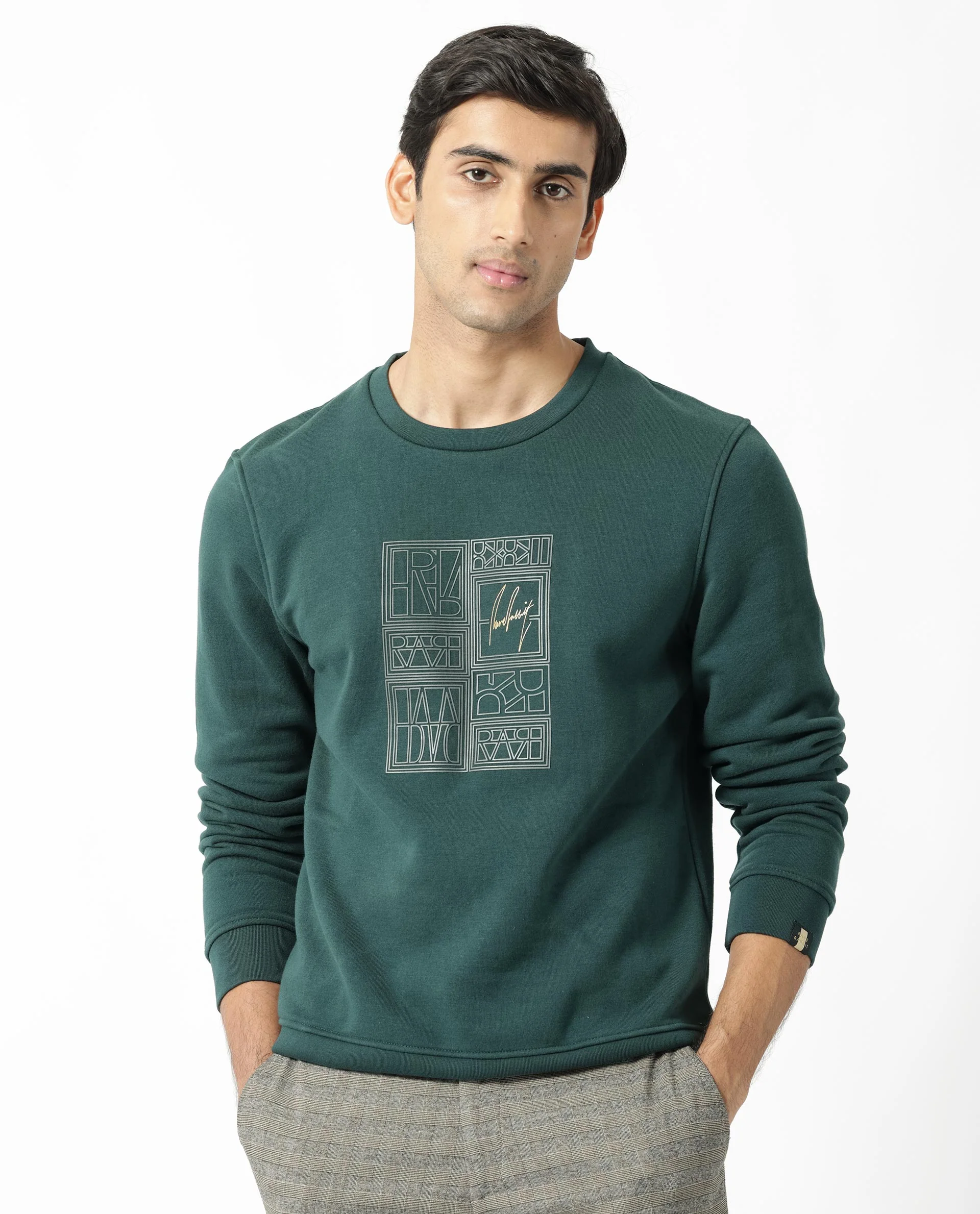 Rare Rabbit Men's Kofu Green Cotton Graphic Print Regular Fit Full Sleeve Crew Neck Sweatshirt - Image 2
