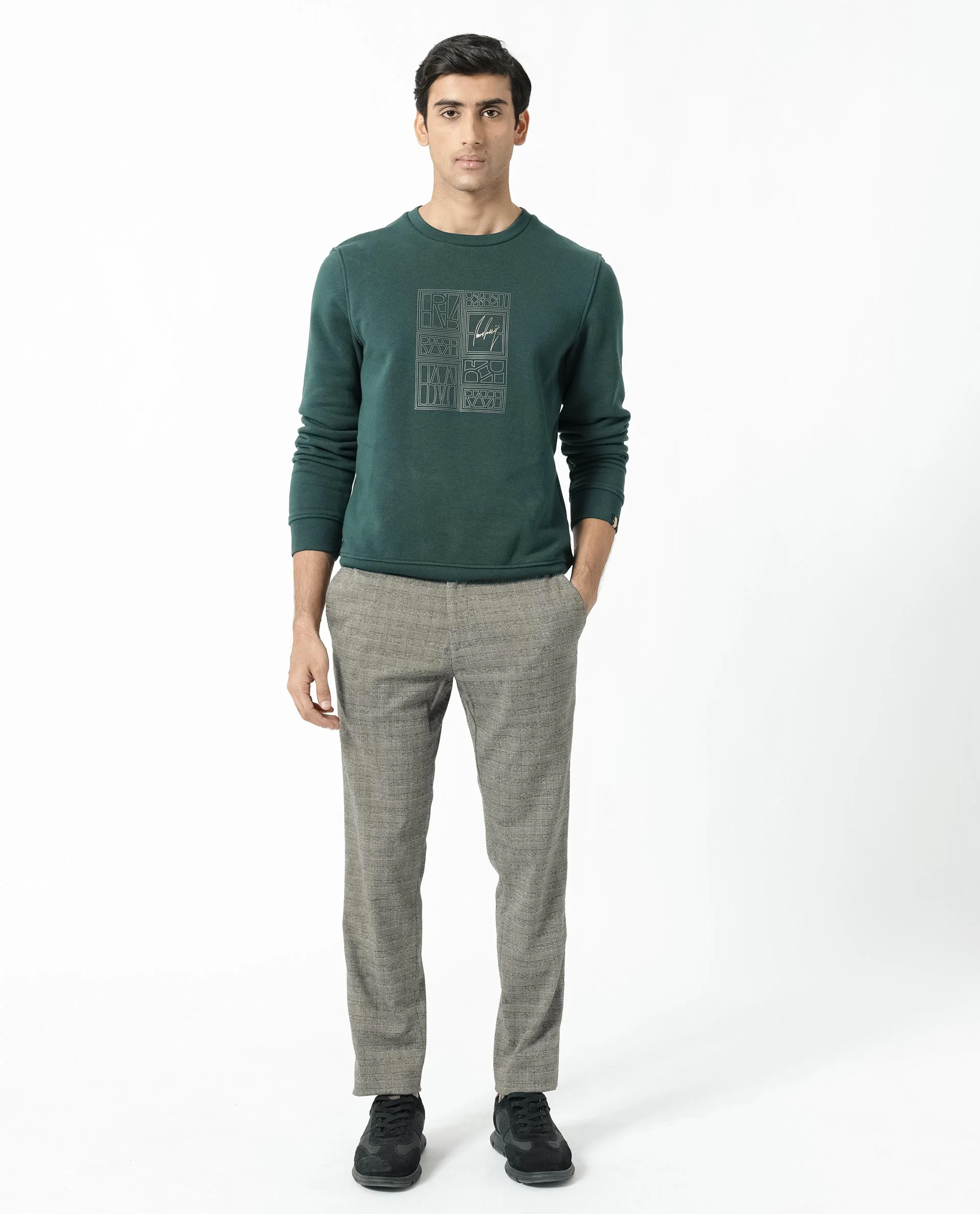 Rare Rabbit Men's Kofu Green Cotton Graphic Print Regular Fit Full Sleeve Crew Neck Sweatshirt - Image 3