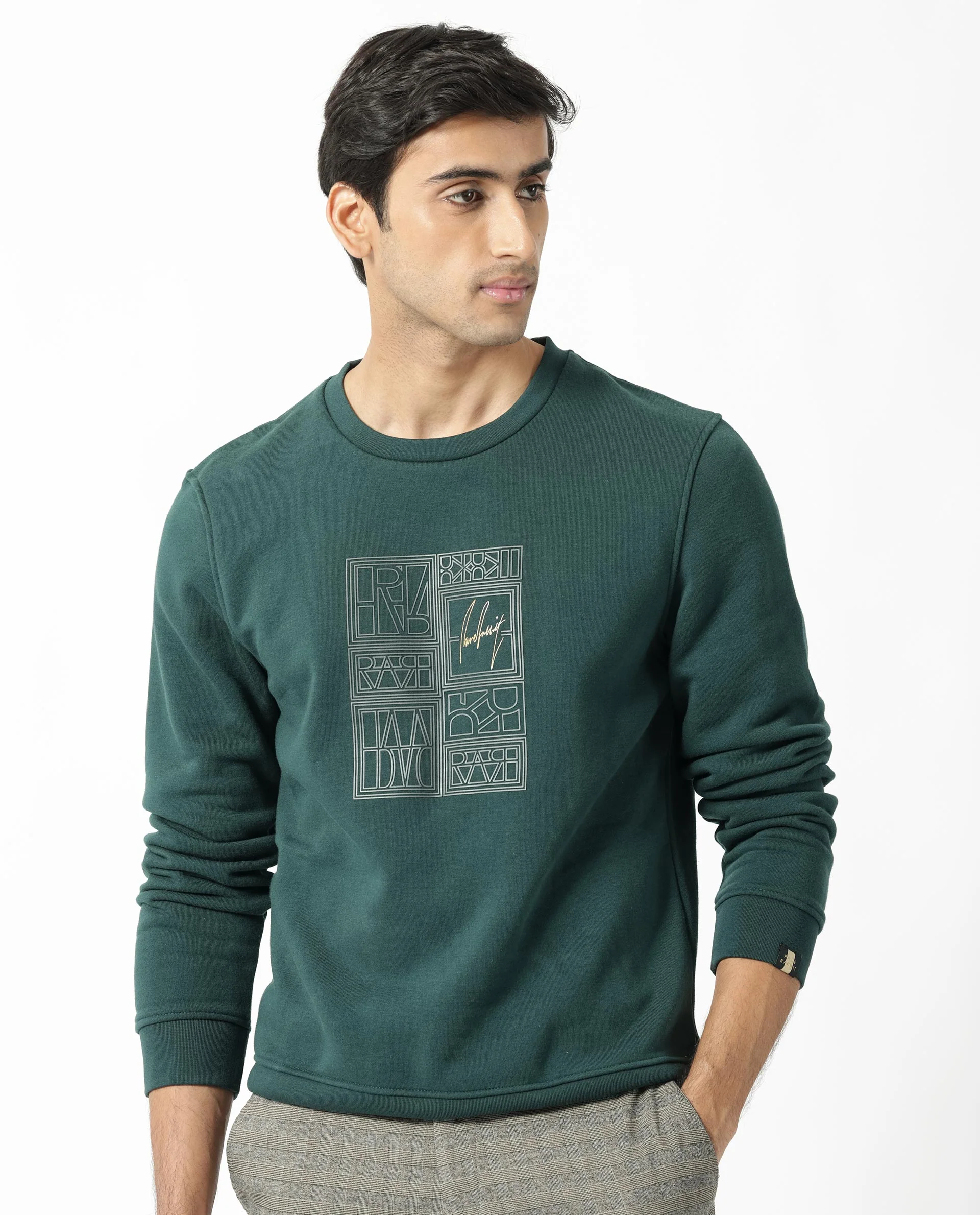 Rare Rabbit Men's Kofu Green Cotton Graphic Print Regular Fit Full Sleeve Crew Neck Sweatshirt - Image 4