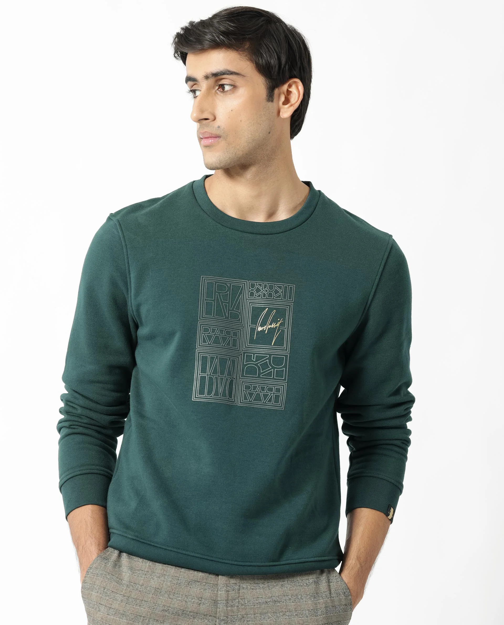 Rare Rabbit Men's Kofu Green Cotton Graphic Print Regular Fit Full Sleeve Crew Neck Sweatshirt - Image 5