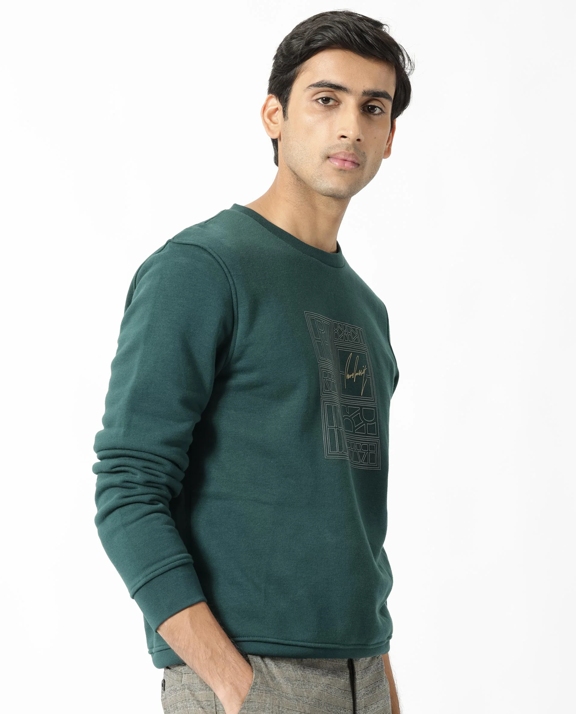 Rare Rabbit Men's Kofu Green Cotton Graphic Print Regular Fit Full Sleeve Crew Neck Sweatshirt - Image 6