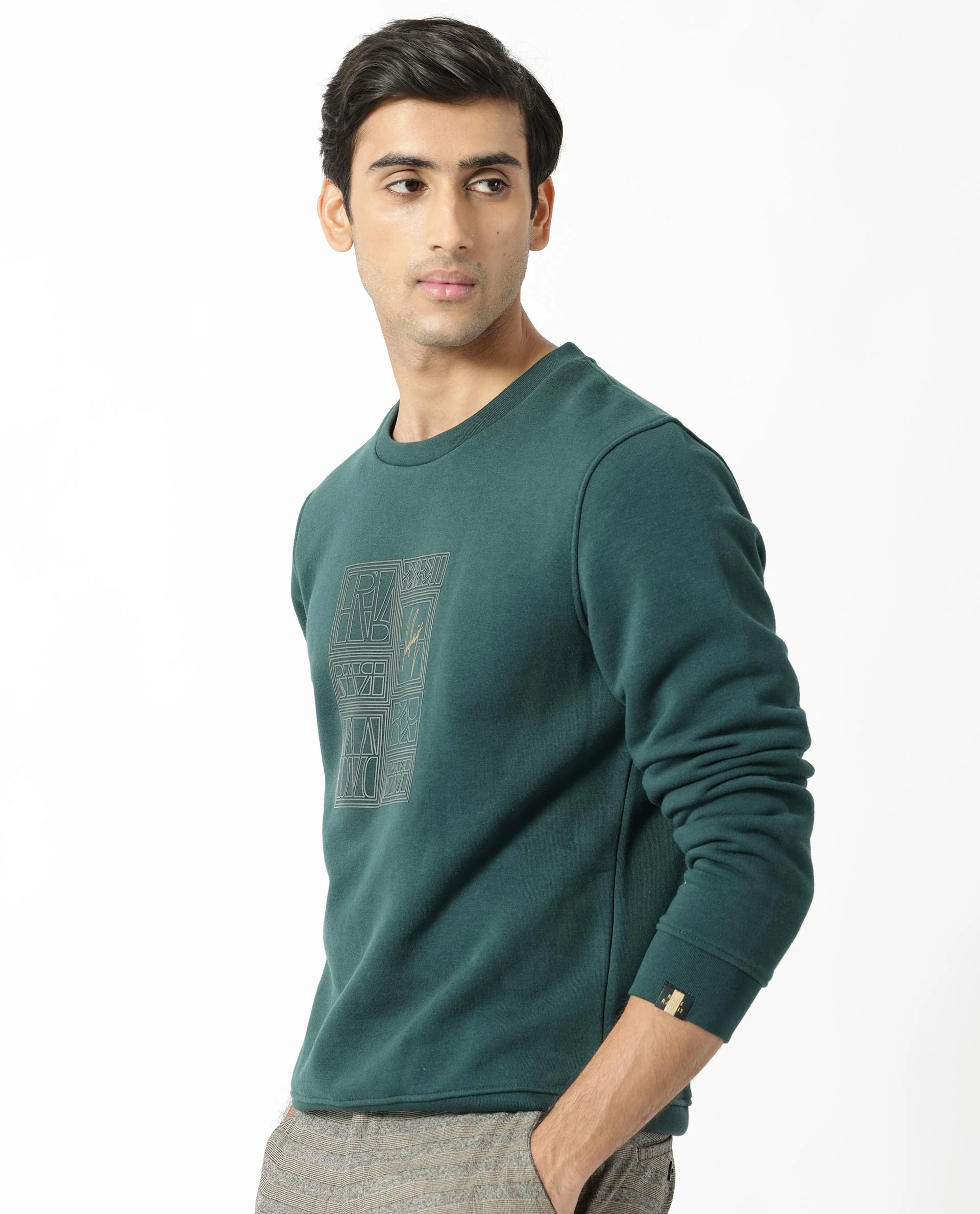 Rare Rabbit Men's Kofu Green Cotton Graphic Print Regular Fit Full Sleeve Crew Neck Sweatshirt - Image 7