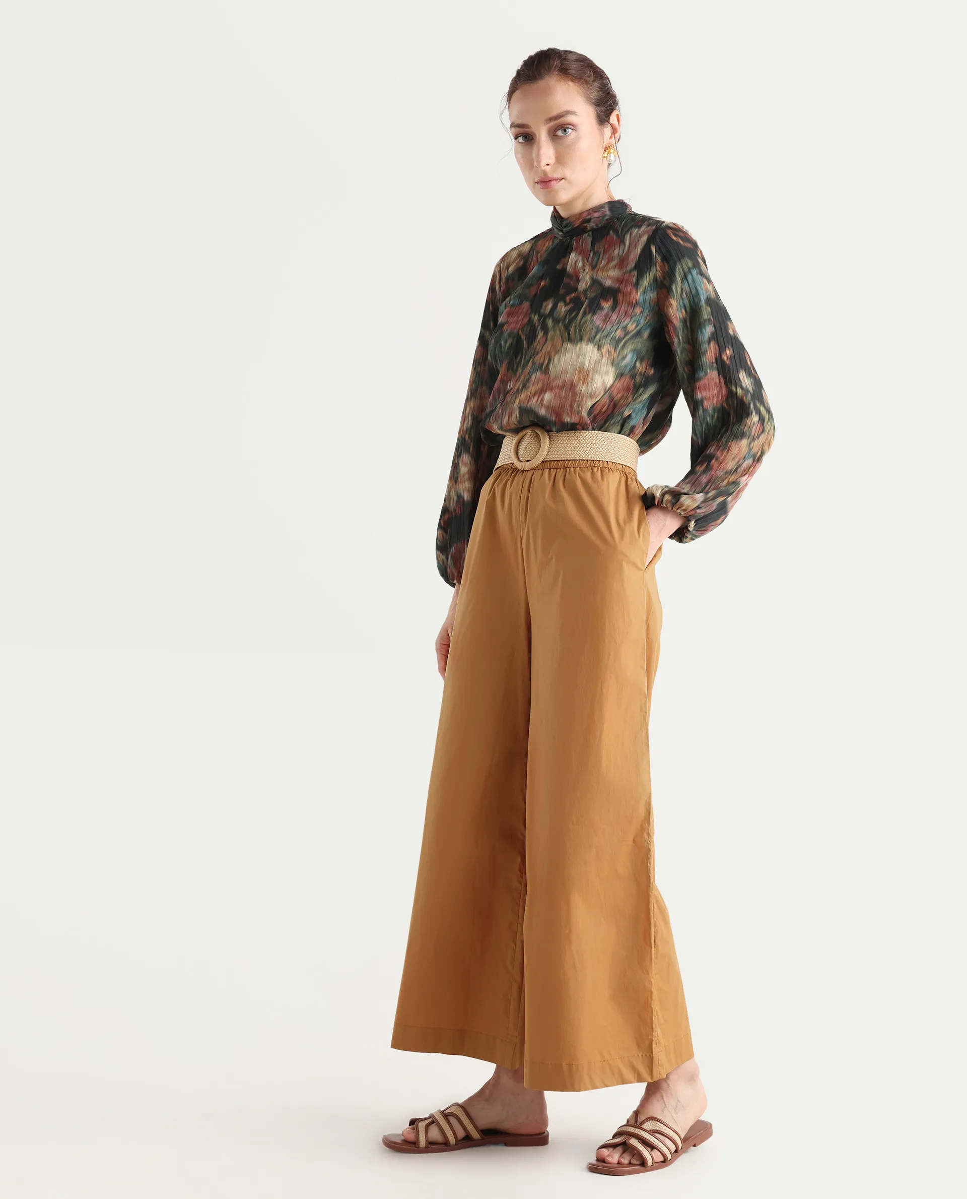 Rareism Women's Kofu Light Brown Cotton Plain Ankle Length Flared Trouser - Image 5