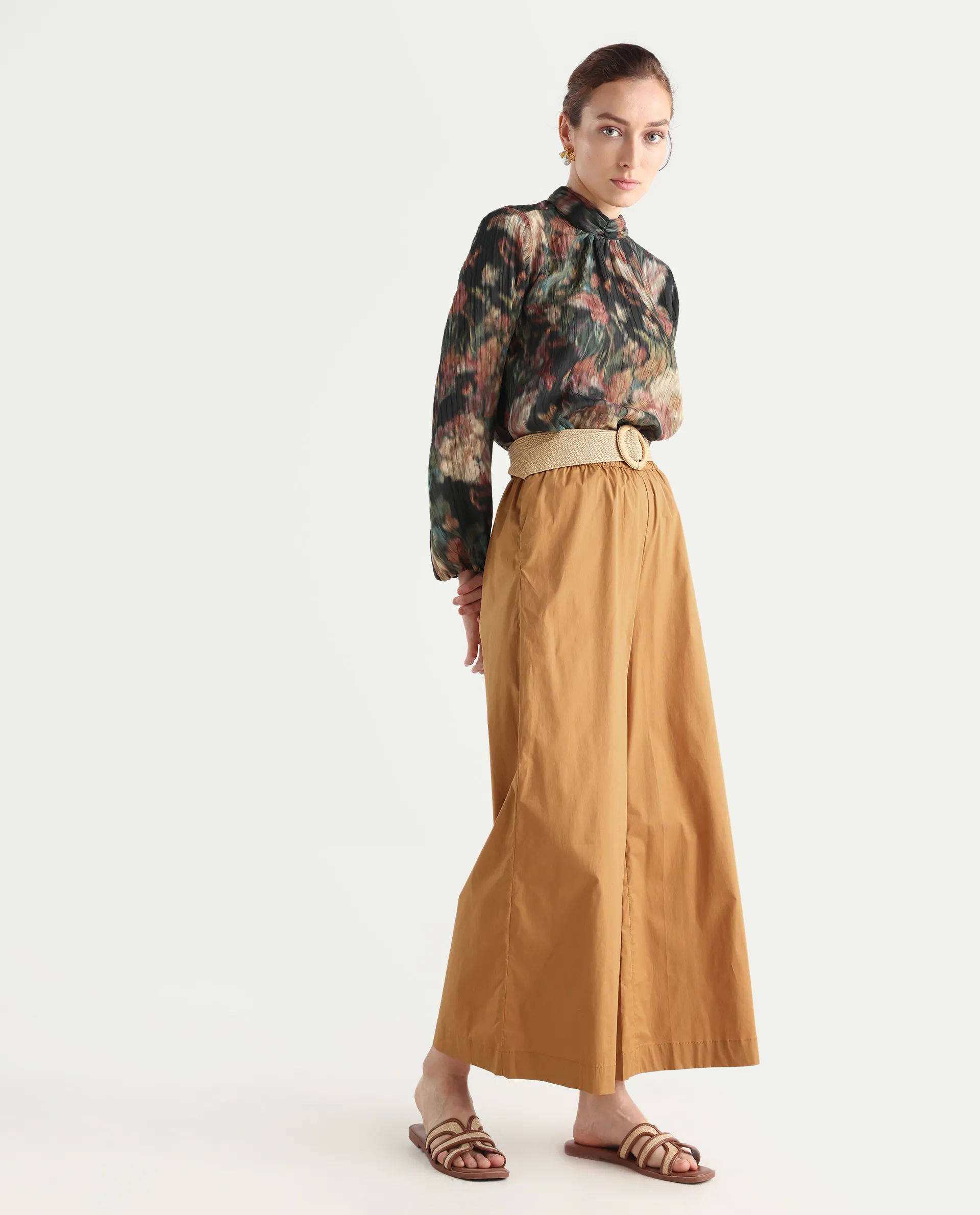 Rareism Women's Kofu Light Brown Cotton Plain Ankle Length Flared Trouser - Image 6
