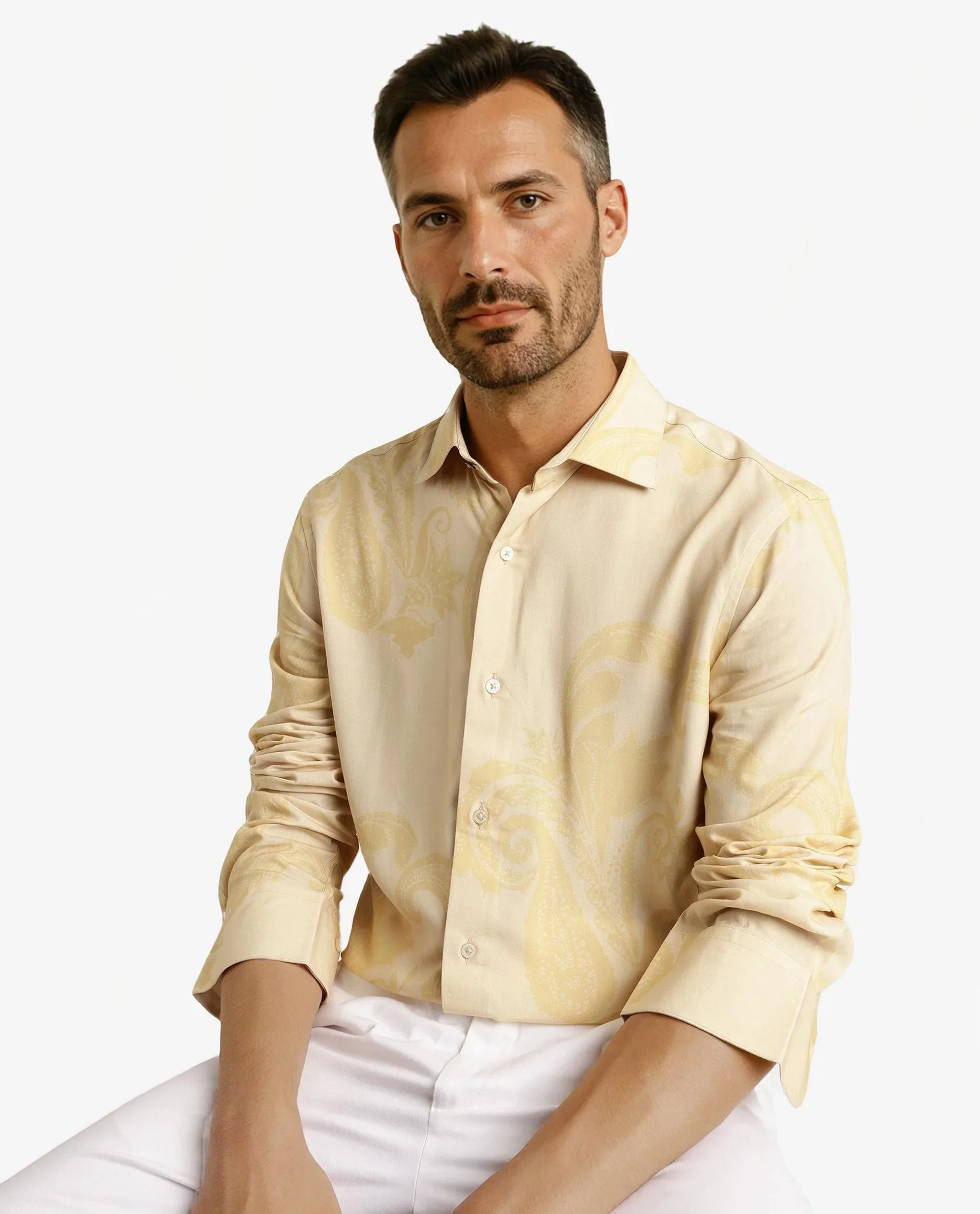 Rare Rabbit Men's Koigi Dusky Yellow Viscose Paisley Print Regular Fit Full Sleeve Collared Shirt - Image 5